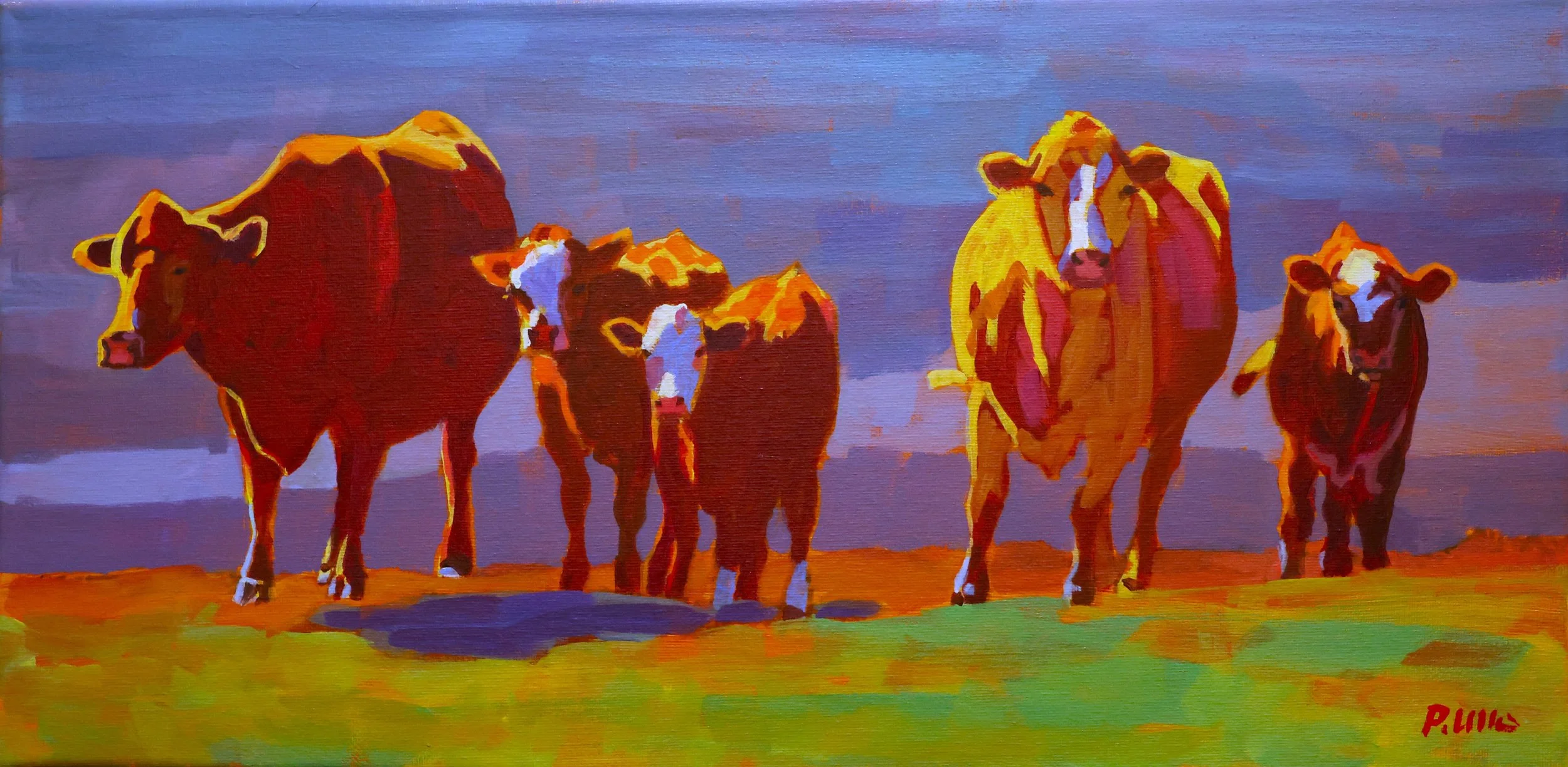 Painting of six cows standing on a field with a purple sky in the background.