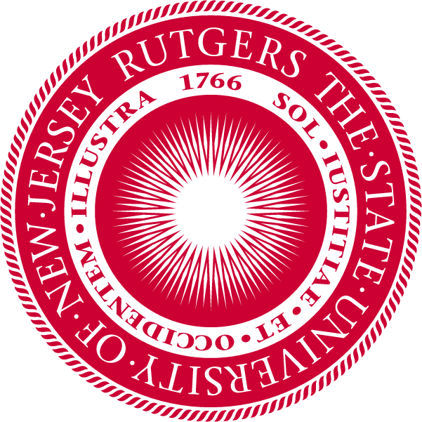 Seal of Rutgers University featuring the university's name, founding year 1766, and a central sunburst design in red and white.