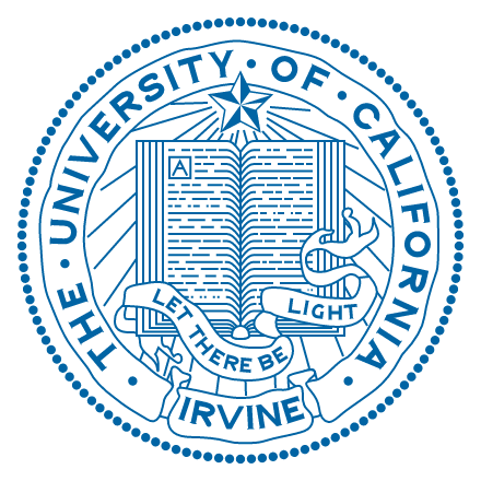 Seal of the University of California, Irvine featuring an open book, a serpent, and the motto 'Let There Be Light'.