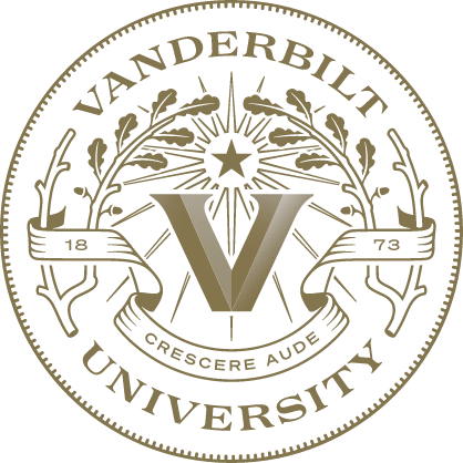 Vanderbilt University seal with a large letter V in the center, surrounded by the text Vanderbilt University, 1873, and Crescere Aude, with decorative wheat and cloud motifs.