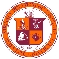 Virginia Polytechnic Institute and State University crest with symbols of engineering, agriculture, and science.