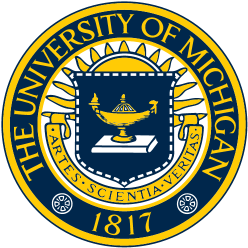Seal of the University of Michigan featuring a shield with a lamp and an open book, surrounded by the university's name, motto 'Artes, Scientia, Veritas', and established year 1817.