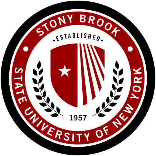 Logo of Stony Brook State University of New York, established in 1957, featuring a shield with a star, vertical lines, and laurel leaves.