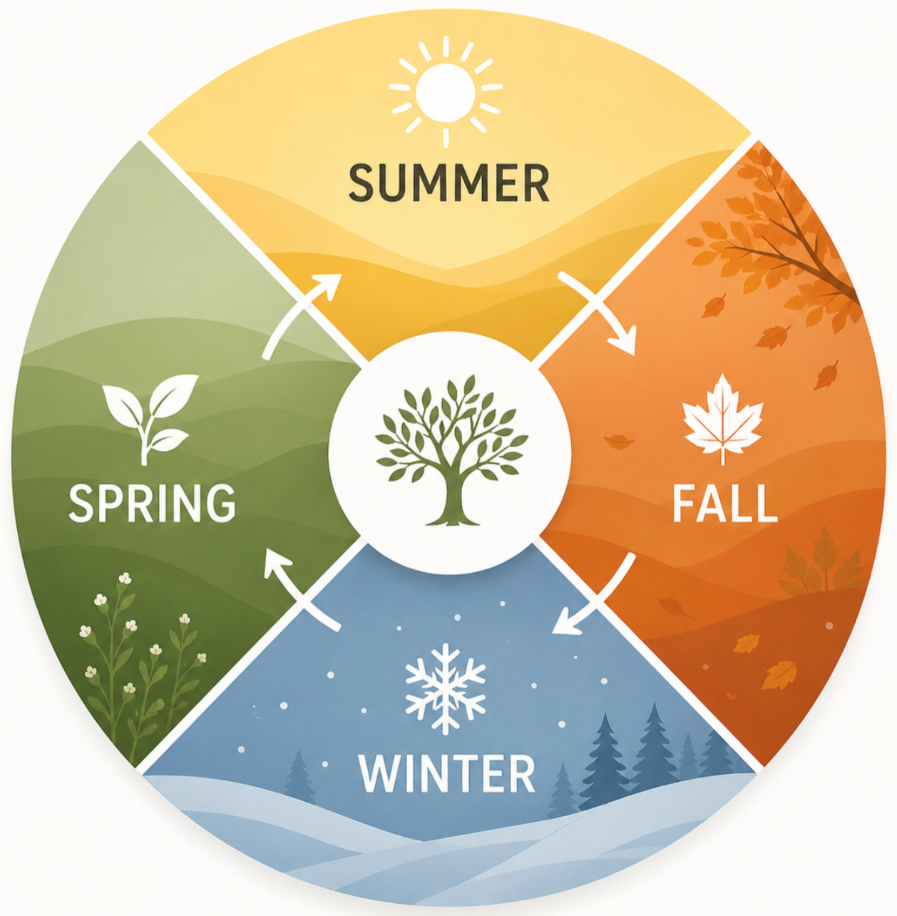 Circular seasonal cycle diagram with four quadrants labeled Spring, Summer, Fall, and Winter, featuring corresponding icons and colors.