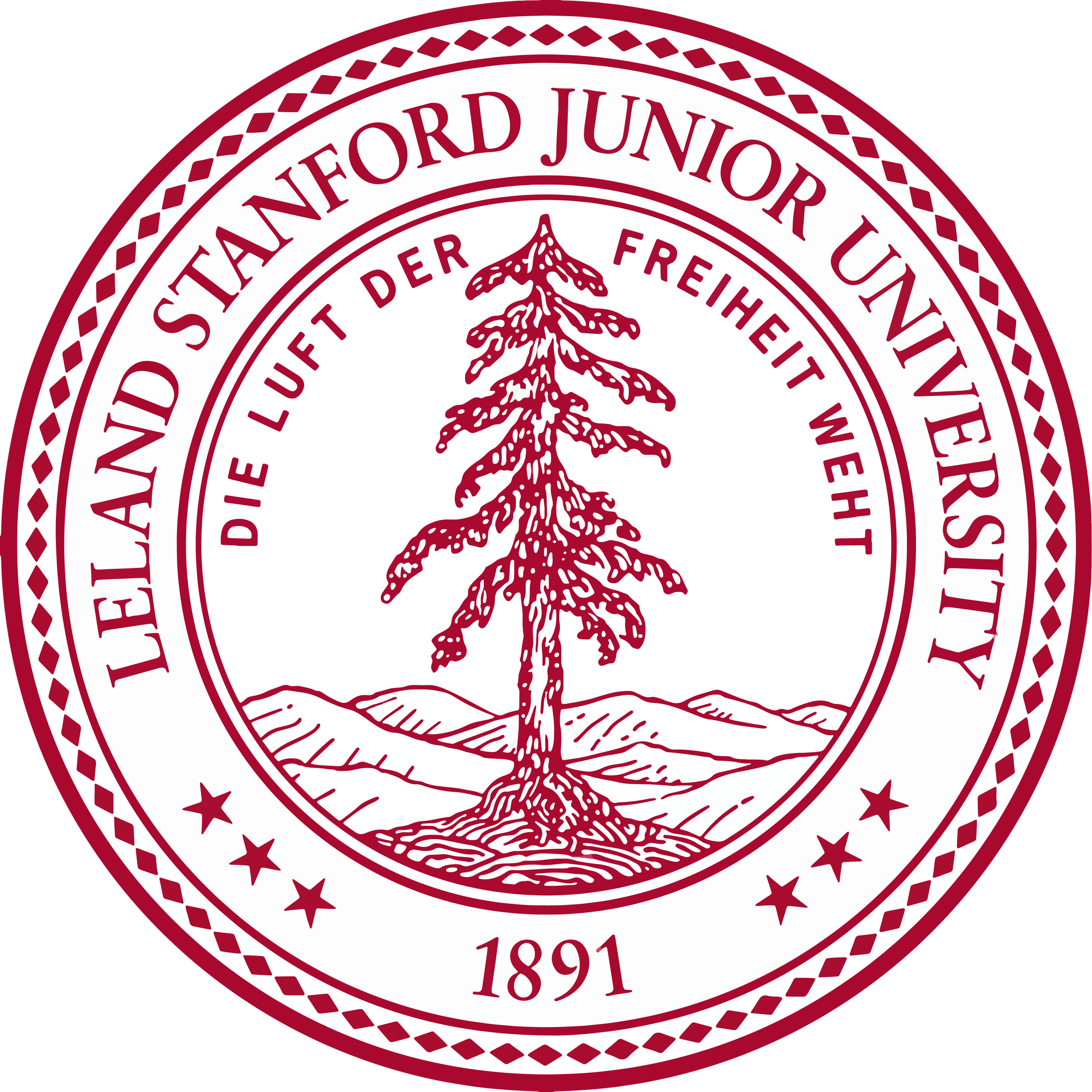 Close-up of a circular seal from Yale University, featuring a tree at the center, with text around it that reads 'Yale University' and 'Founded 1891'. The seal is in red and white colors.