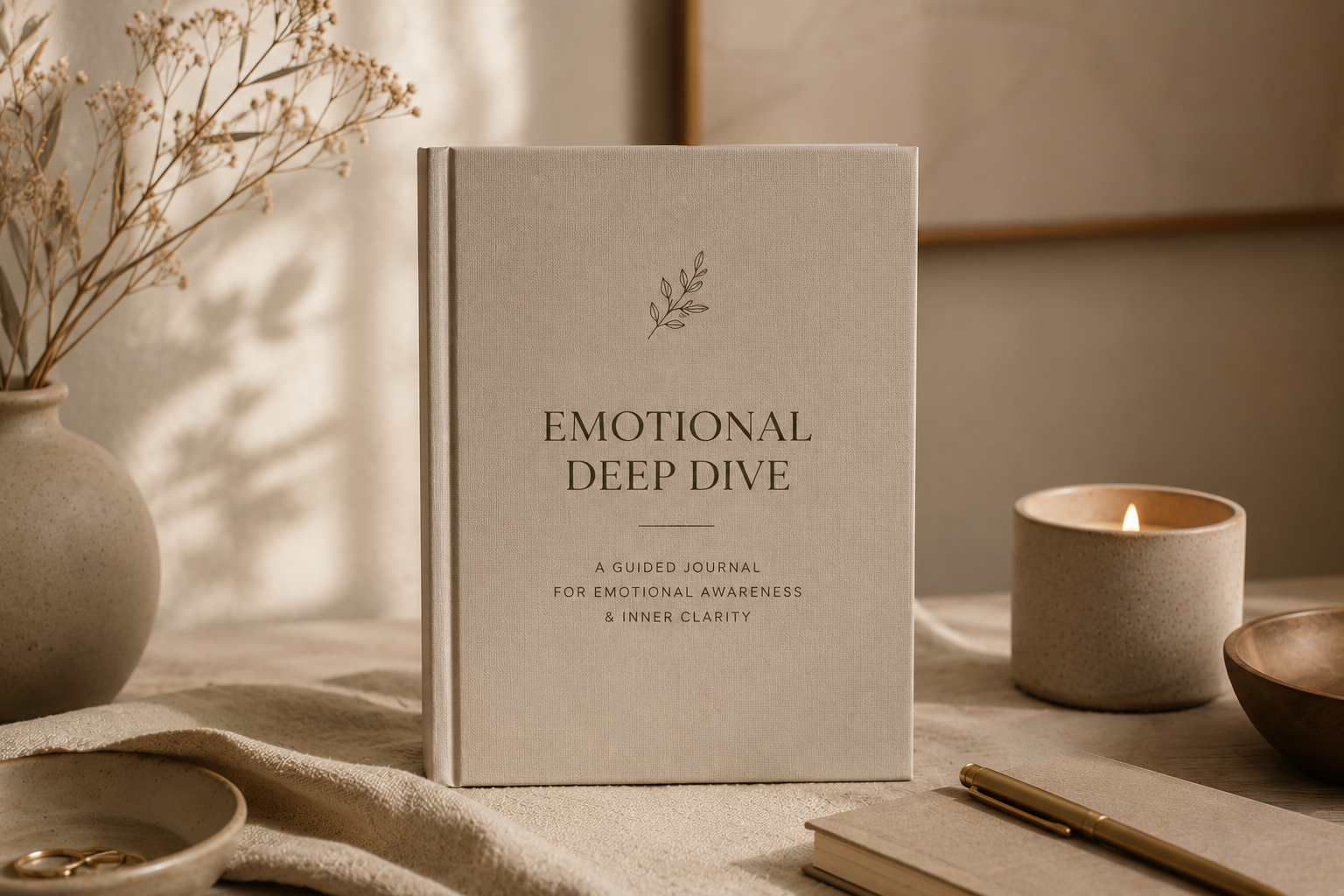 Emotional Deep Dive journal beside candle and warm neutral decor in a calm reflective setting.