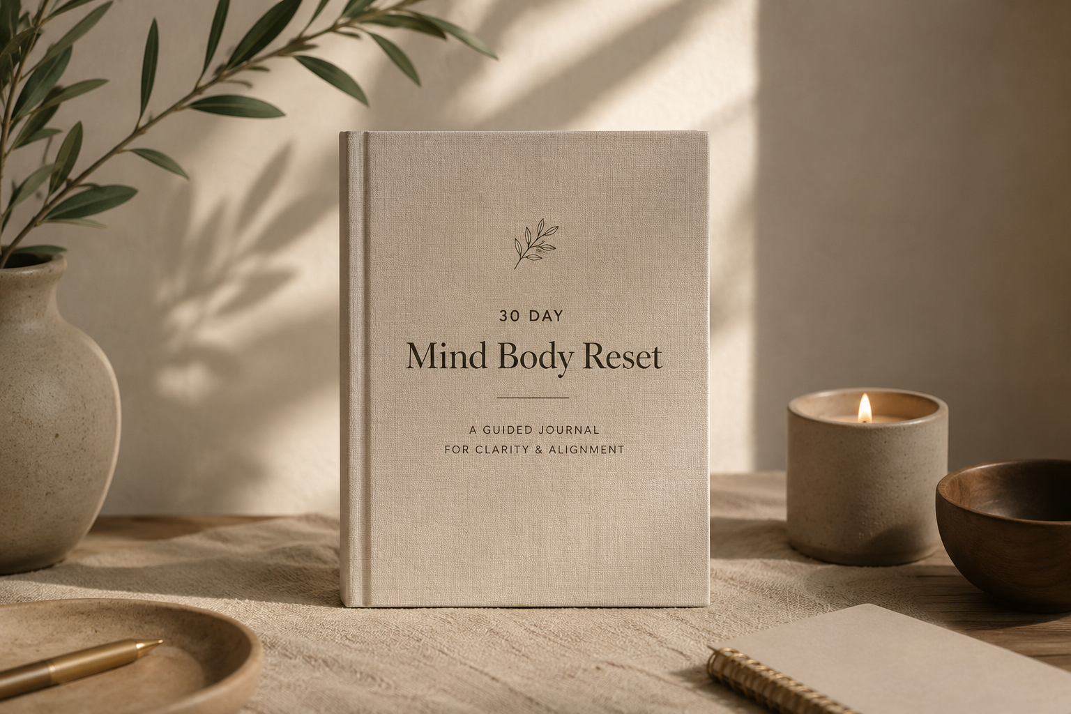 A book titled '30 Day Mind Body Reset' stands on a table surrounded by a potted plant, a lit candle, a wooden bowl, a notebook, and a pen, with sunlight casting shadows.