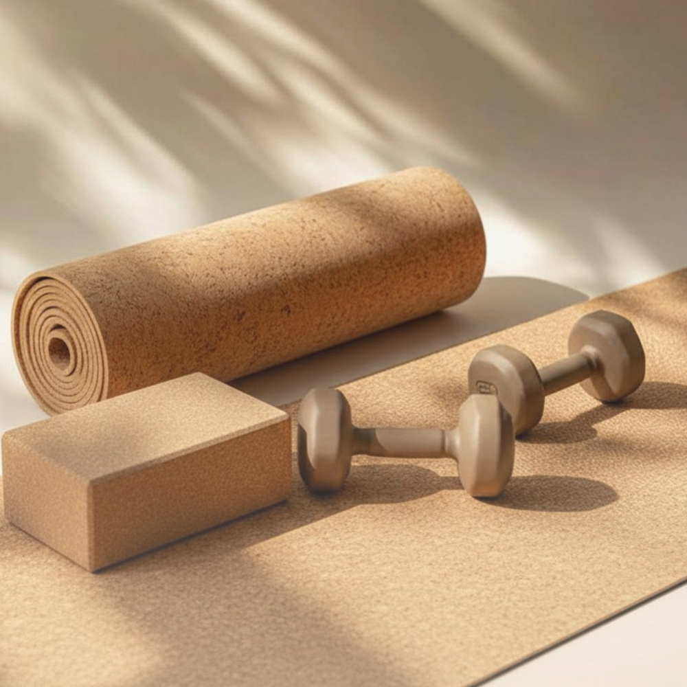 Cork yoga mat, yoga block, and light weights in a calm neutral wellness space.