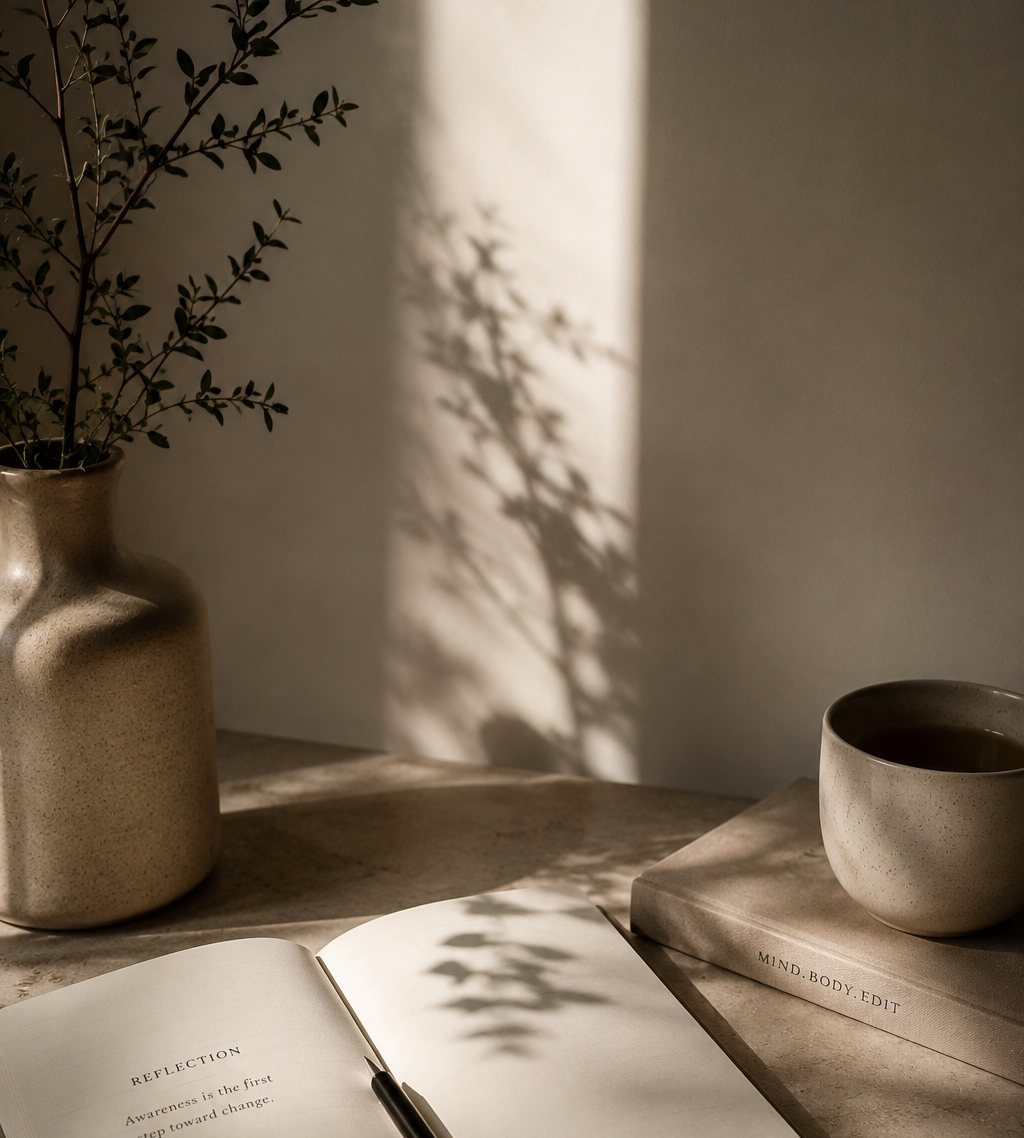 Minimal neutral wellness space with journal, coffee mug, and soft natural light.