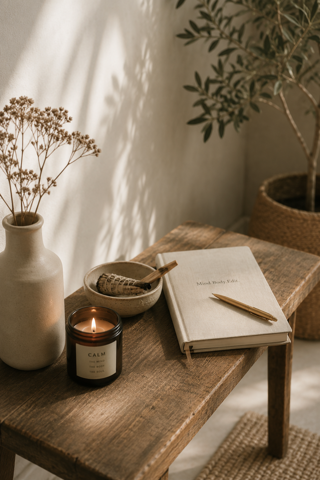 Calm wellness setup with Mind.Body.Edit™ journal, candle, and neutral decor in warm natural light.