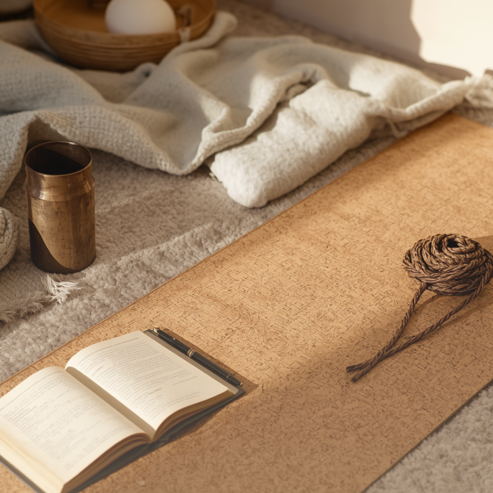 Cozy wellness setup with journal, cork yoga mat, blanket, and warm natural light.