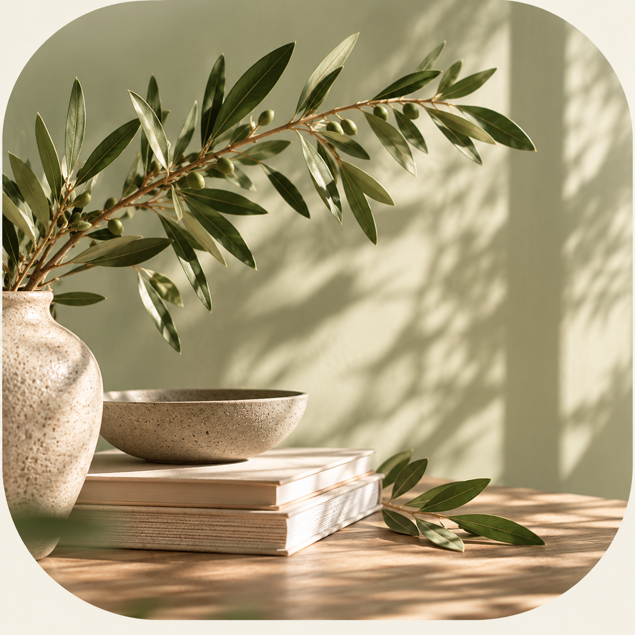 Olive branches in a ceramic vase beside stacked books and a stoneware bowl, reflecting the calm, intentional approach of Mind.Body.Edit™.