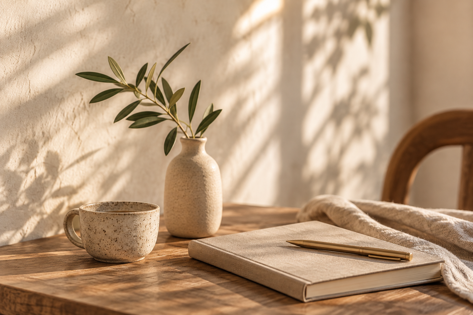 A linen journal and gold pen on a warm wooden table beside a ceramic mug and olive branches in soft natural sunlight.