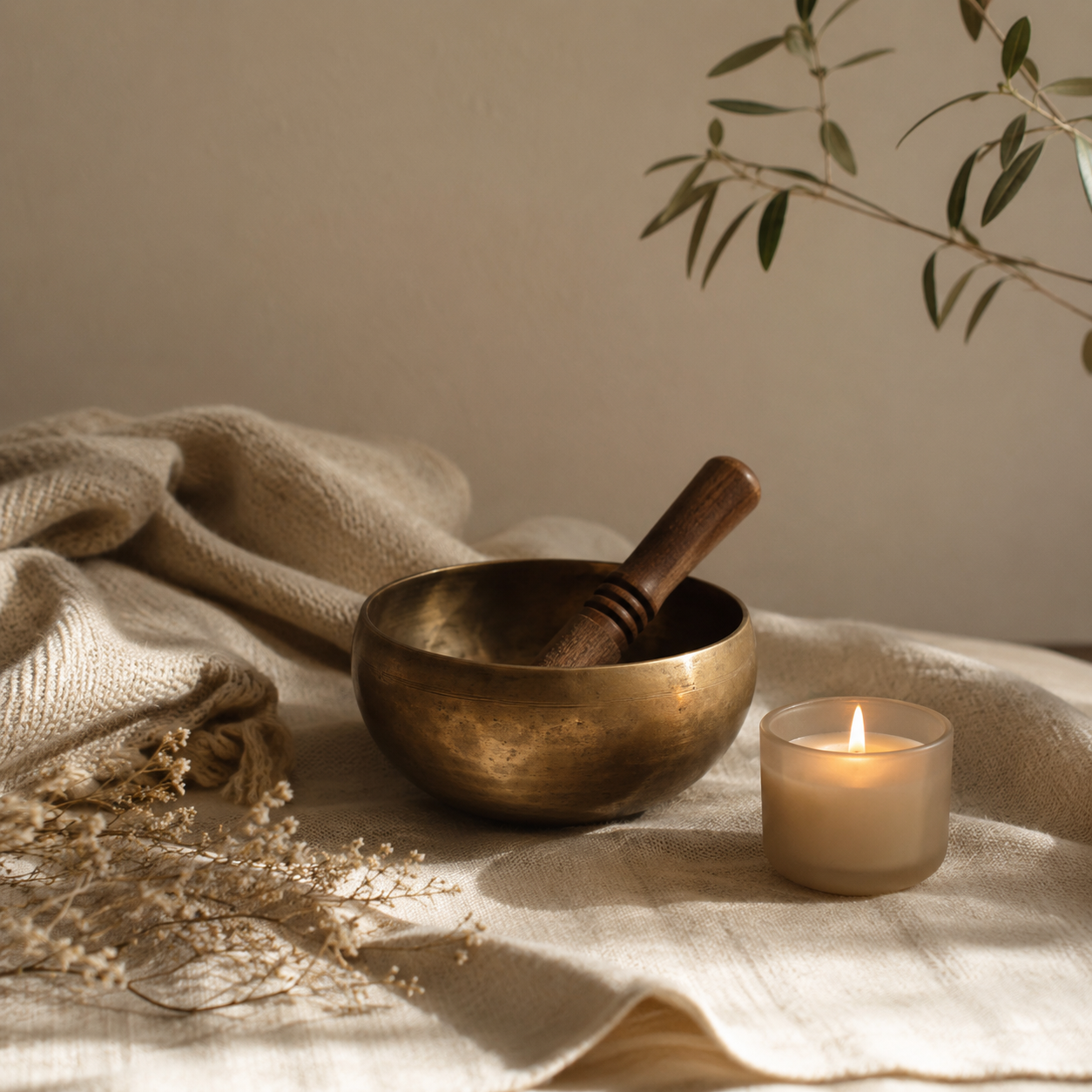 Singing bowl, candle, blanket, and soft neutral wellness decor in calming natural light.