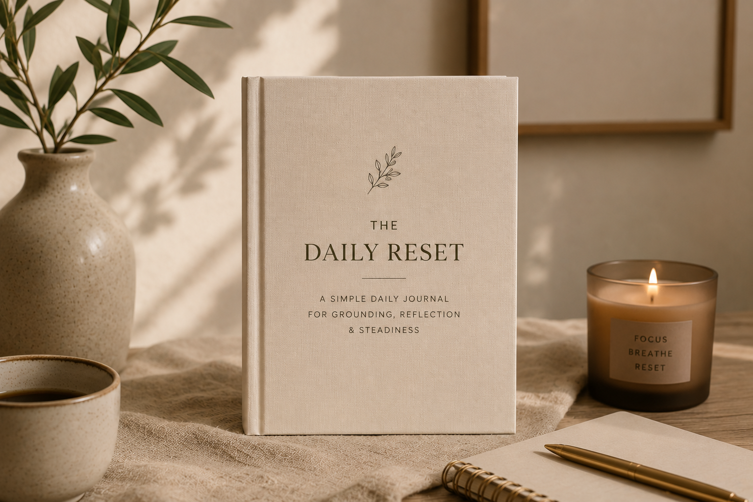 A beige hardcover journal titled 'The Daily Reset' on a table, surrounded by a potted plant, a lit candle labeled 'Focus Breathe Reset,' a cup of coffee, a notebook, and a gold pen, with warm soft lighting.