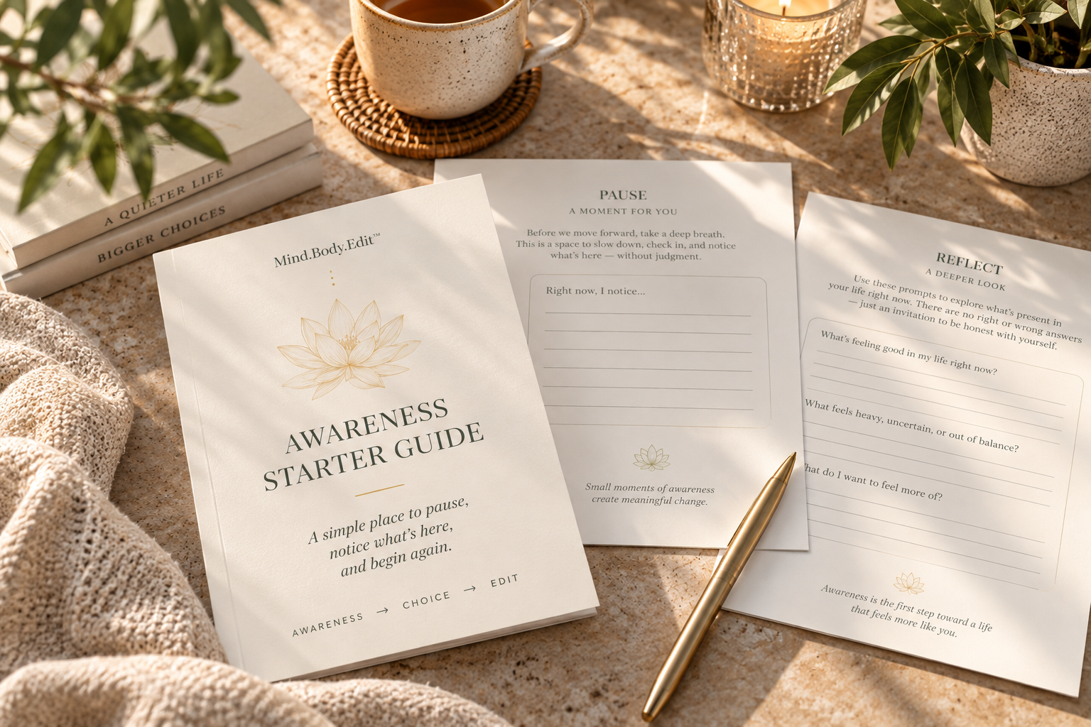 Mind.Body.Edit Awareness Starter Guide printable reflection worksheets displayed with a journal and pen in a warm, sunlit setting.
