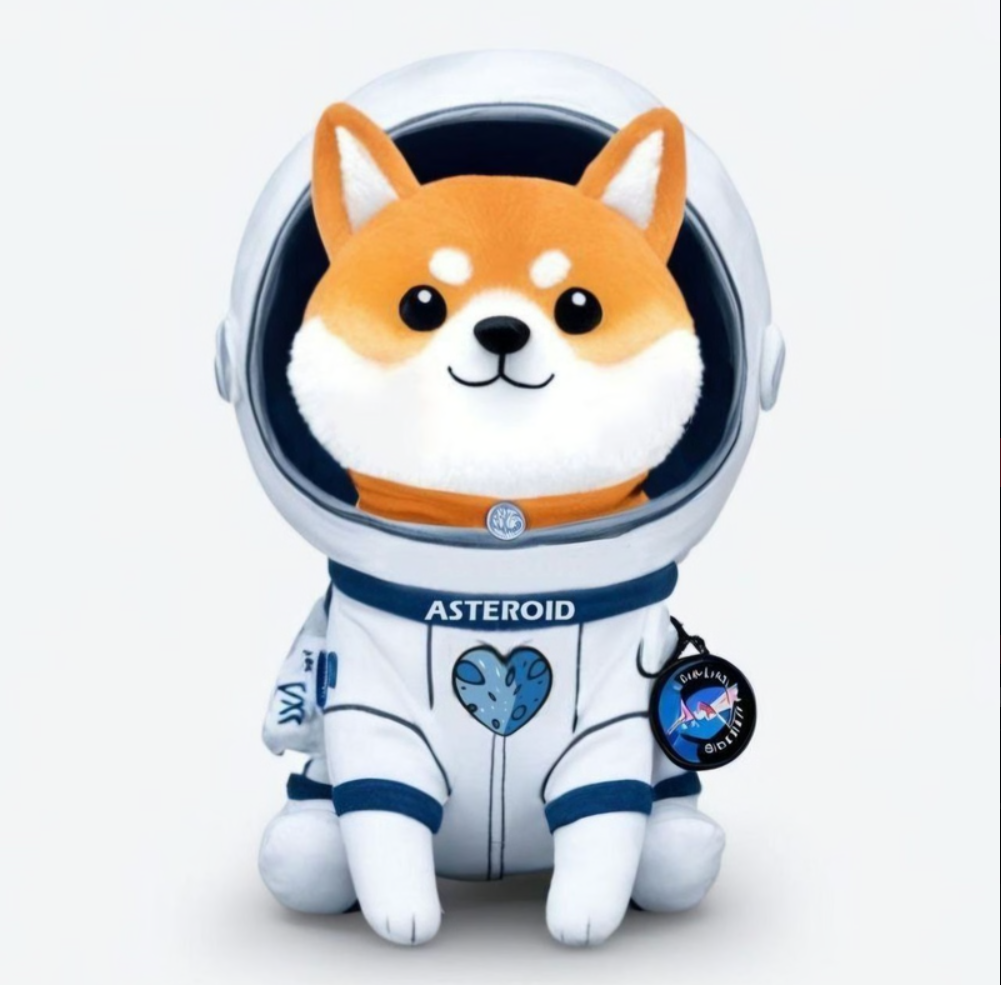 Stuffed animal toy dog dressed as an astronaut, with a Shiba Inu face on a plush body in an astronaut suit, inside a clear helmet.