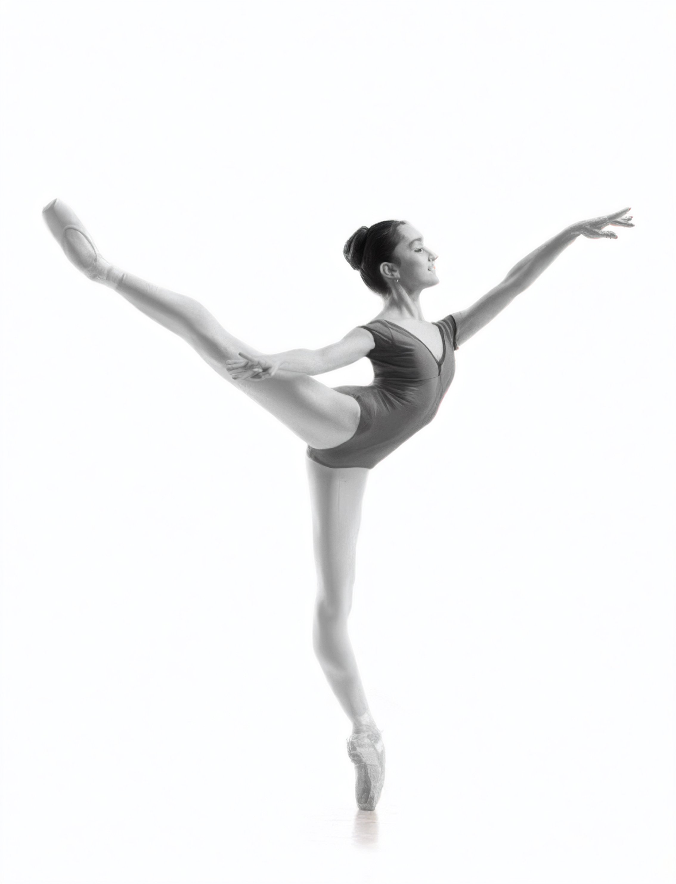 A ballet dancer in a pose with one leg extended back and arms outstretched, wearing a leotard, in front of a white background.