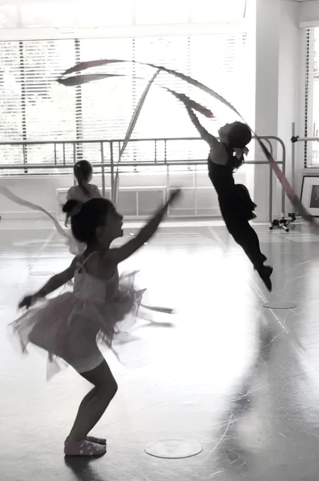 Young ballet students exploring creative movement and artistic expression during a children's ballet class at Prefontaine Ballet, welcoming families from North Vancouver, West Vancouver, Vancouver, and the North Shore.