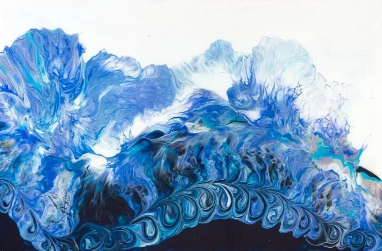Abstract painting with blue, white, and black swirling colors and patterns.