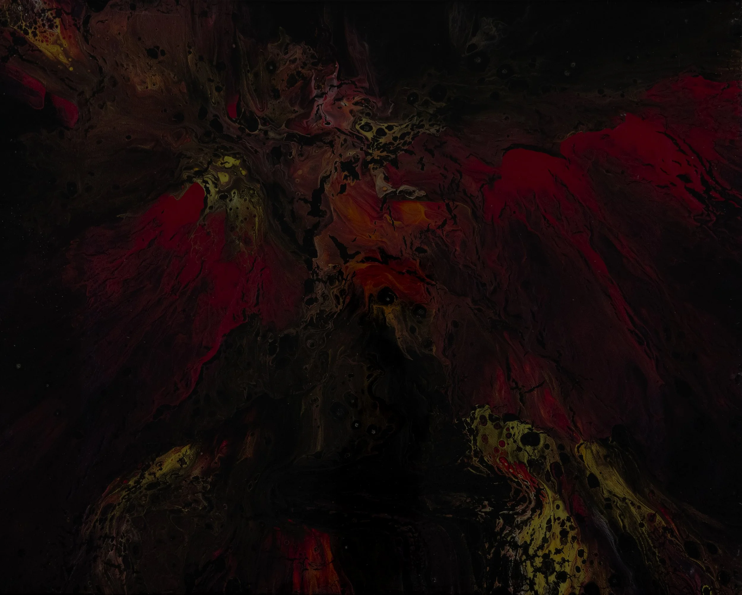 A dark abstract painting with swirling black, red, yellow, and brown colors.