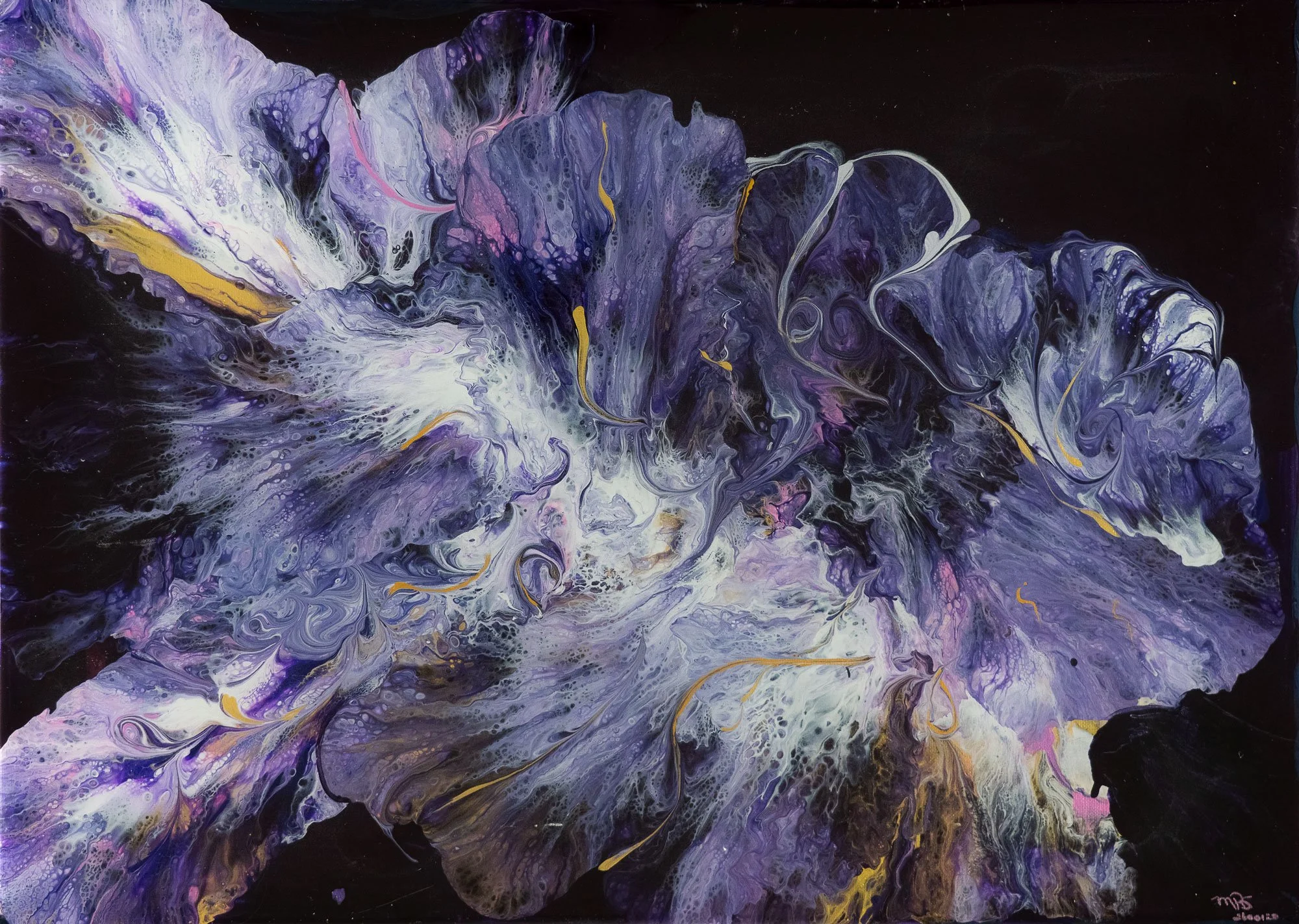 An abstract painting with swirling shades of purple, white, black, and hints of gold, resembling a floral or cosmic scene.