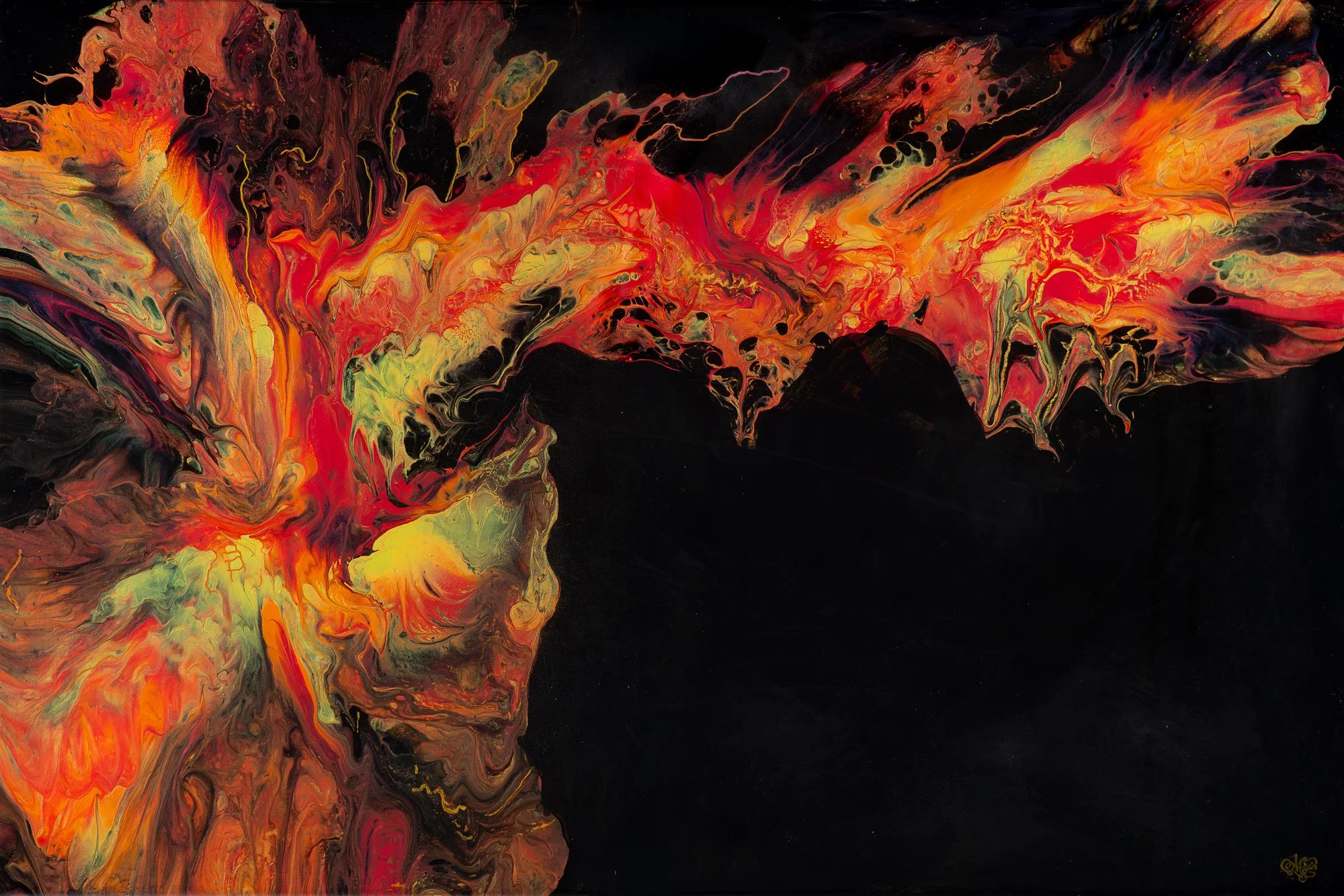 Abstract painting with vibrant swirling colors of red, orange, yellow, pink, green, and purple on a black background.