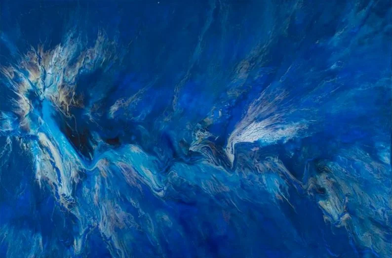 Abstract painting with swirls of blue, white, and gold colors.
