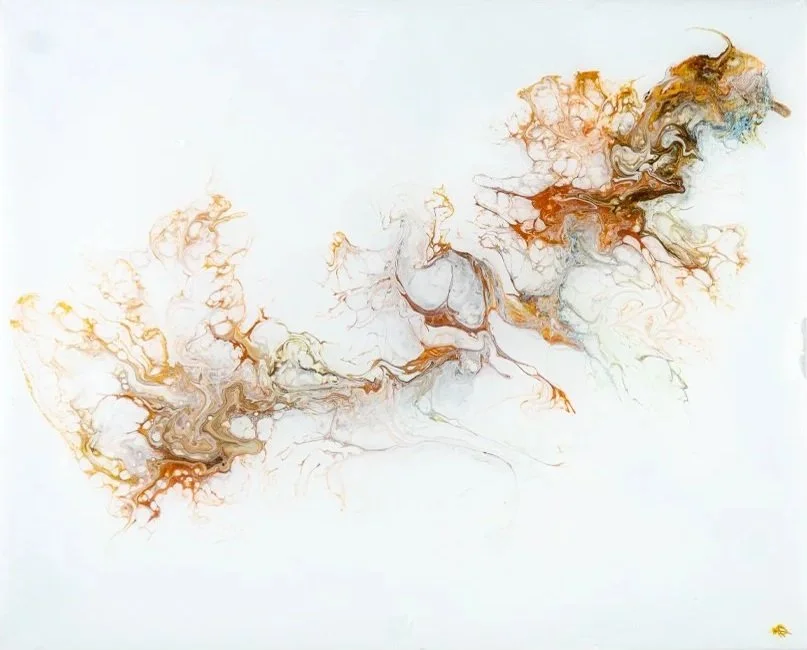 Abstract painting with flowing swirls of gold, brown, and gray on a white background.