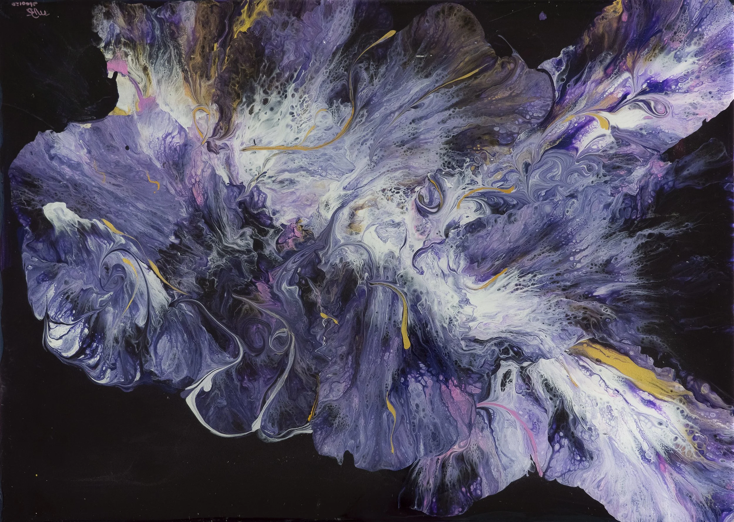 Abstract fluid art painting with purple, black, white, and hints of yellow colors swirling together.