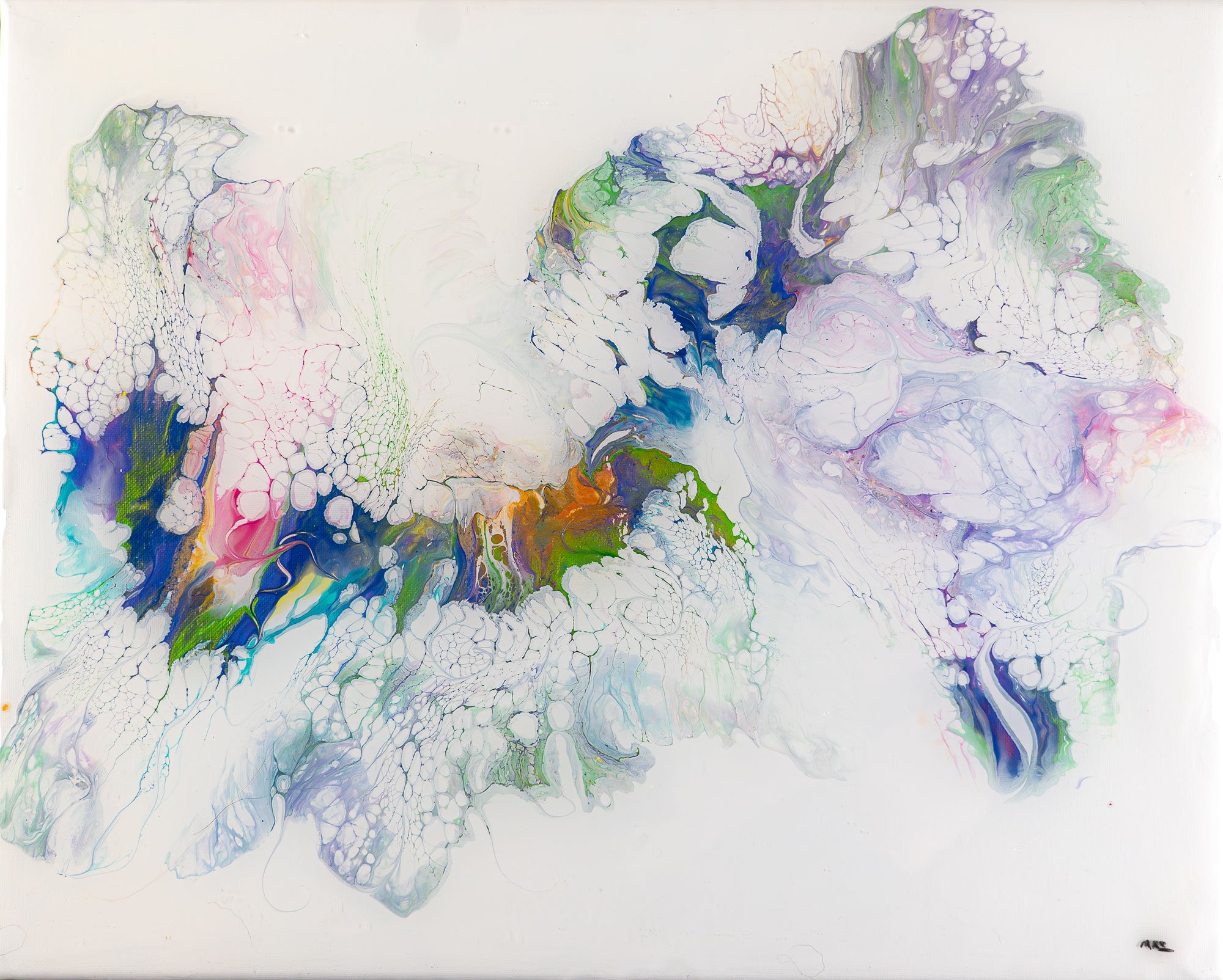 Abstract painting with flowing patterns and colors including white, purple, green, blue, and pink on a white background.