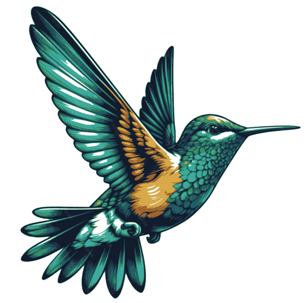 An illustration of a hummingbird with green, teal, and orange feathers in flight.