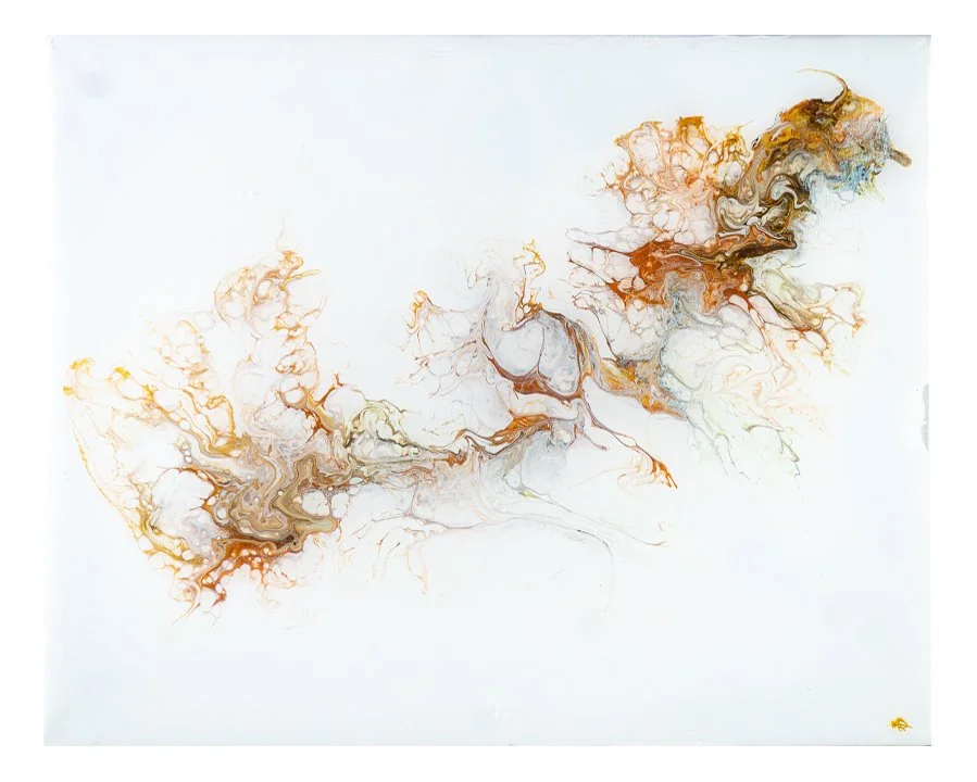 Abstract art with flowing swirls of brown, orange, and beige on a white background.