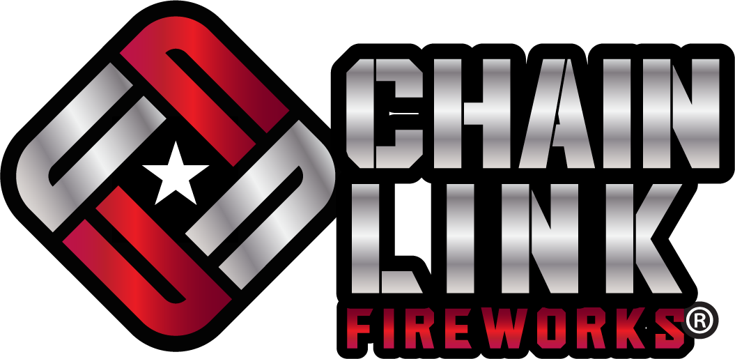 Logo for Chain Link Fireworks featuring a stylized interconnected chain link with American flag colors and a star in the center, accompanied by the text 'CHAIN LINK FIREWORKS'.