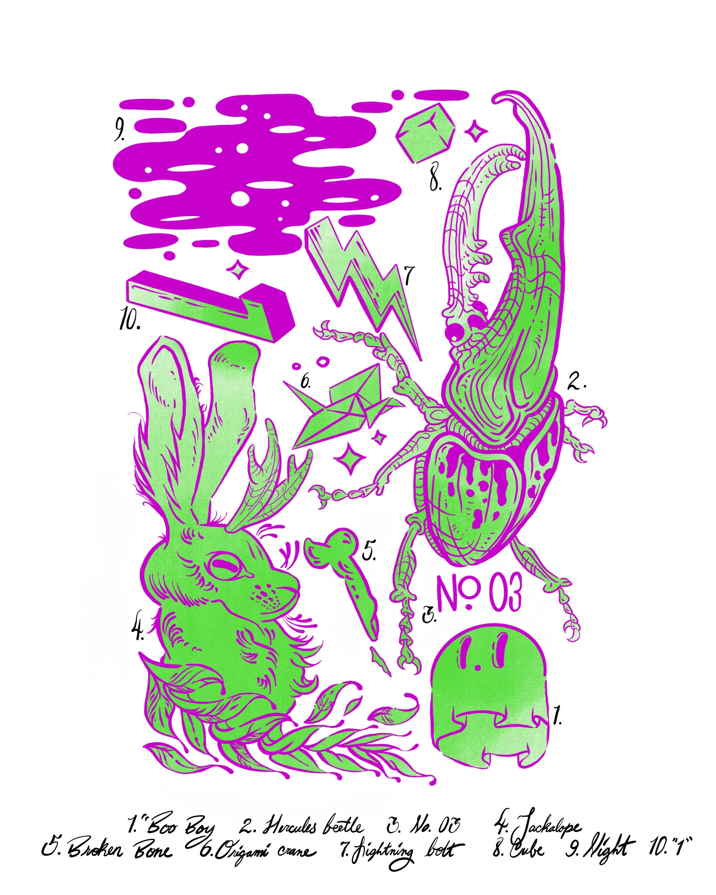 A colorful, artistic illustration of a mythical creature with a combination of anatomical and fantasy elements. The creature has a detailed head with a long, snake-like body, horns, and tail, and is surrounded by various geometric shapes and symbols.