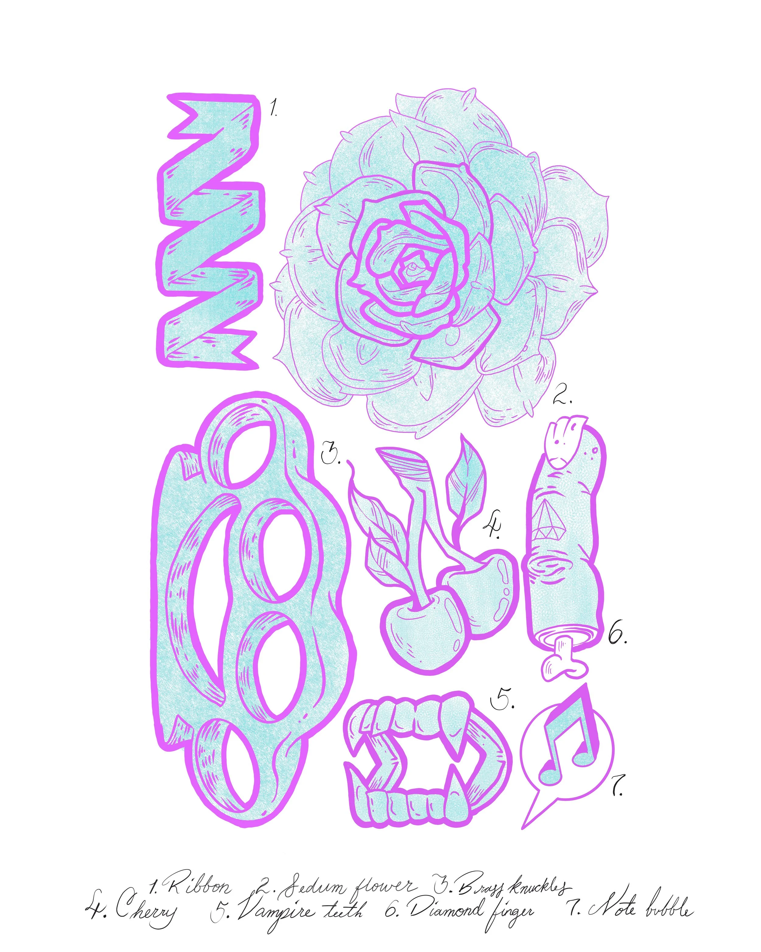 A colorful, illustrated poster with a mixture of doodles, drawings, and handwritten text. It features a large, detailed drawing of a skull with roses on top, a chain, and various other illustrations and symbols. The poster includes numbered labels po