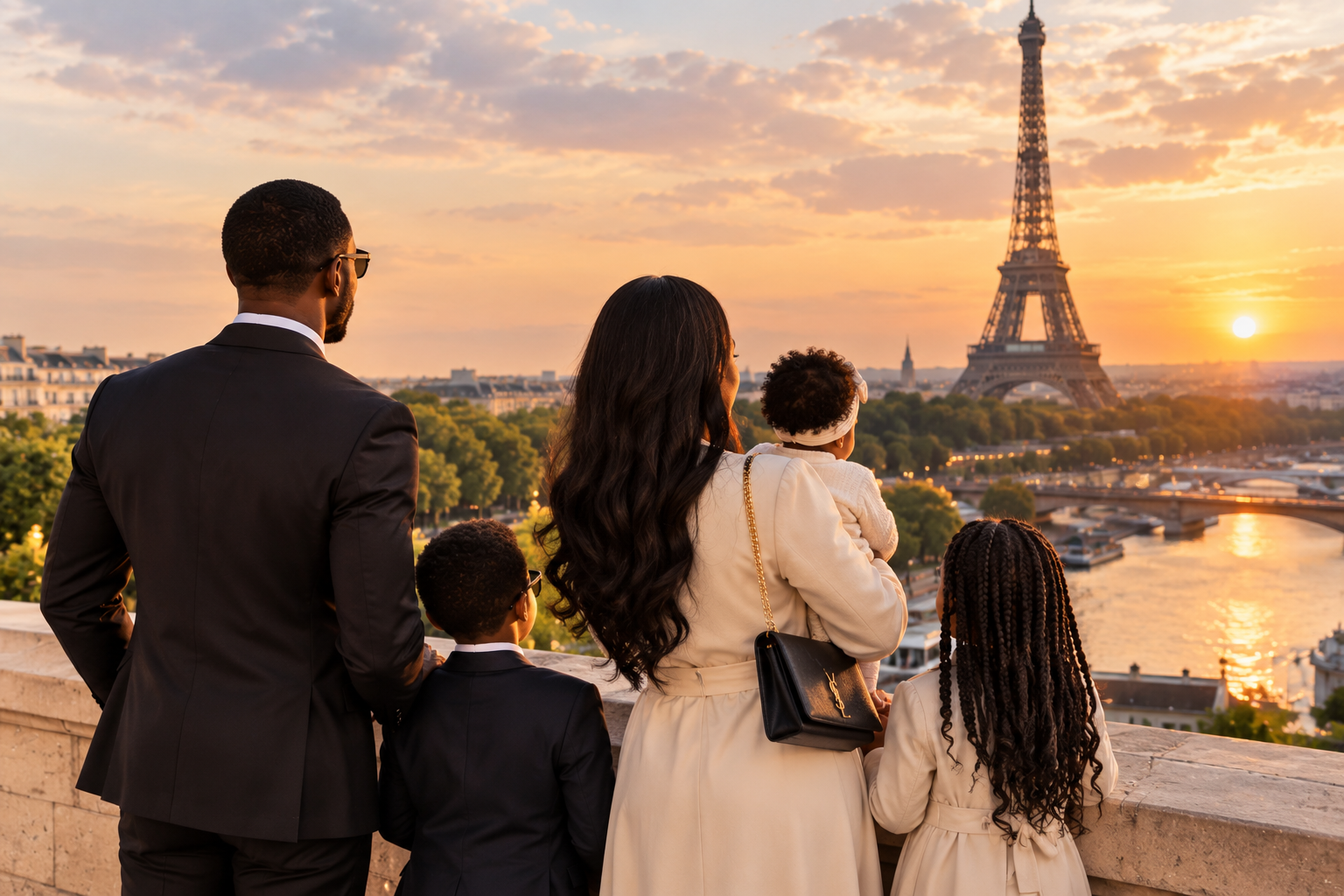 Un groupe de personnes, dont deux enfants, tenant la main, à l'extérieur au coucher du soleil, silhouette contre le ciel avec des nuages.