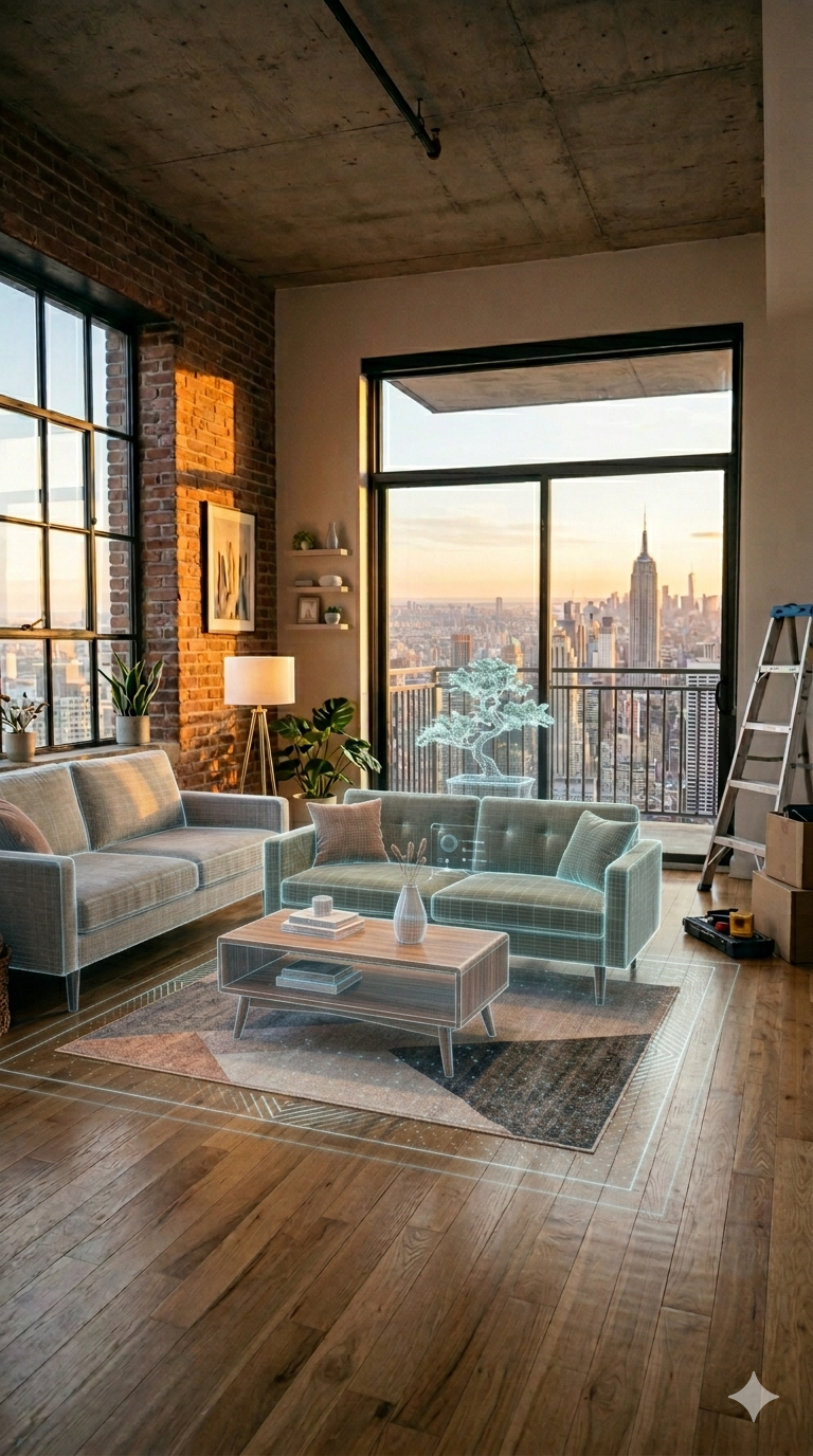 A modern living room with large windows showing a city skyline, including the Empire State Building, during sunset. The room has a brick wall, wooden floor, contemporary furniture, and some plants, with a ladder and boxes in the corner.