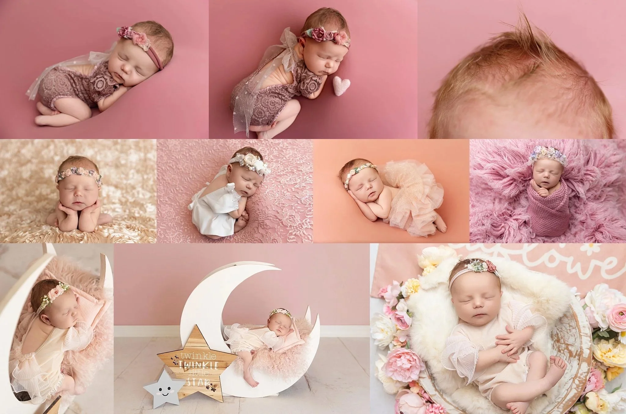 A collage of nine baby photos dressed in soft, pastel, and floral-themed outfits, with various backdrops including pink, beige, and floral patterns. The babies are posed in peaceful sleep, some with headbands or floral crowns, and some lying on textu