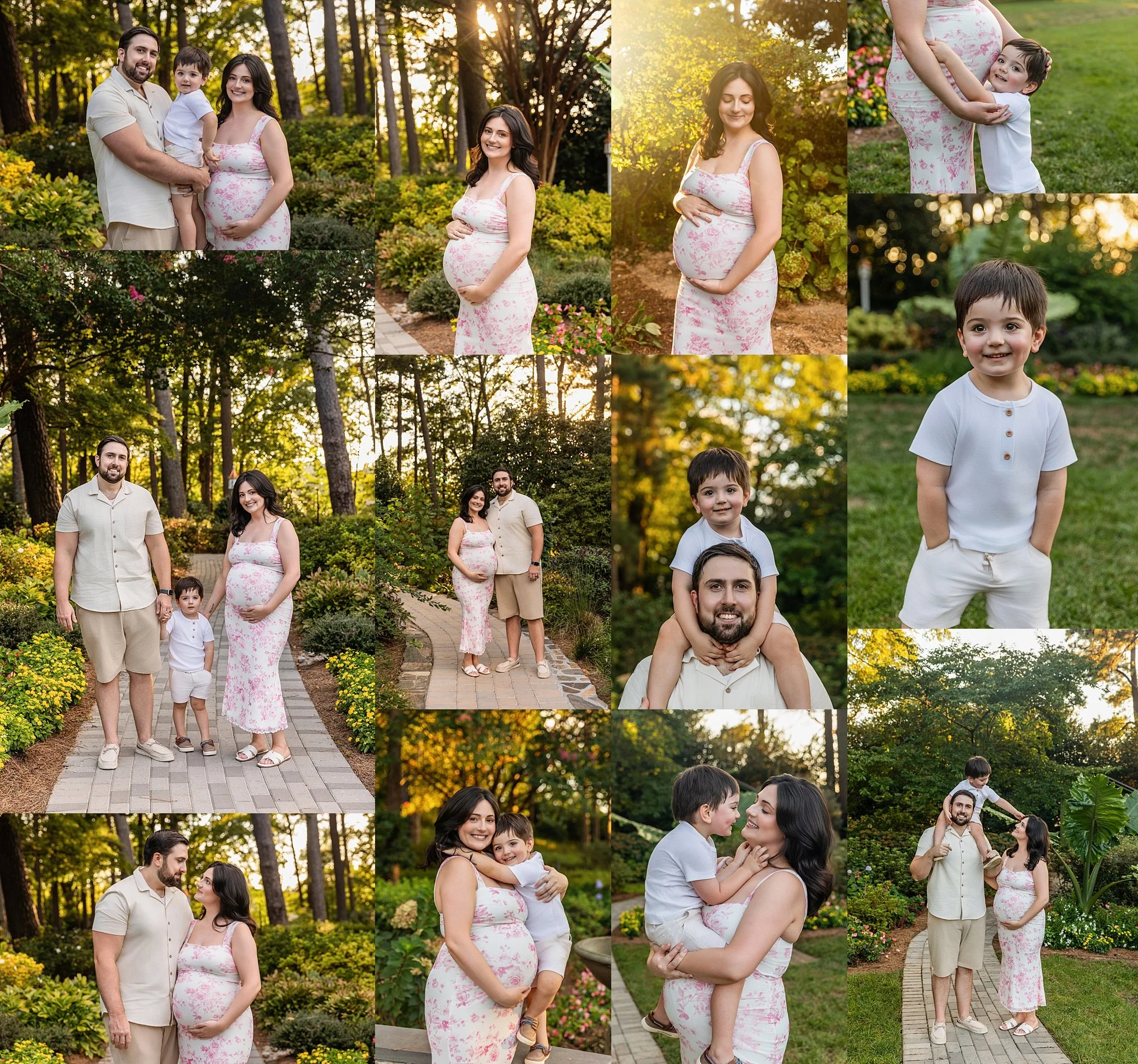 A family photo in a park during golden hour, featuring a man, a woman pregnant, and two children (a boy and a girl). They are smiling, happily interacting, with lush greenery and flowers in the background.