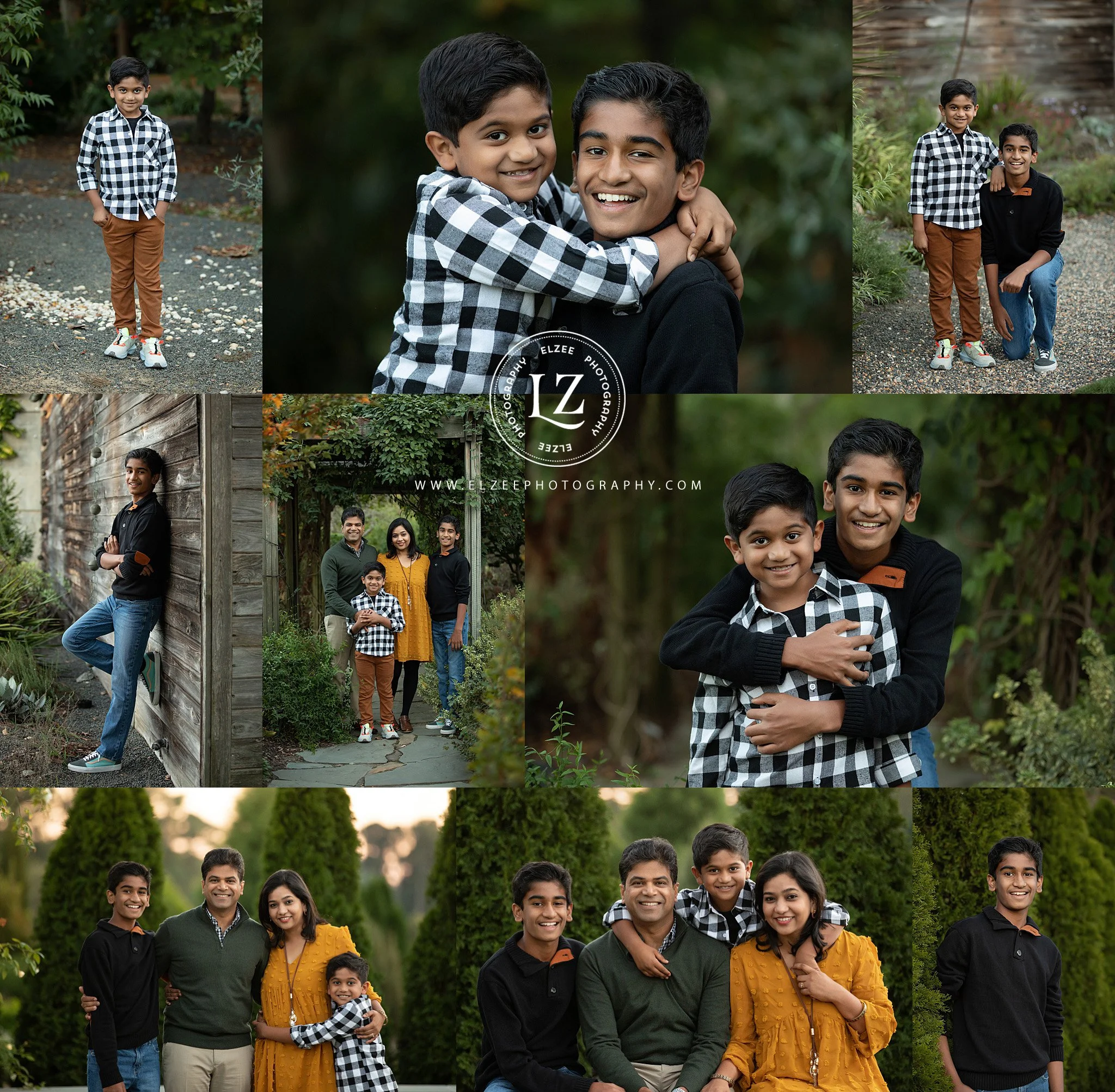 Collage of several photos of a diverse group of children and adults outdoors in a garden or park setting, smiling and posing for the camera.