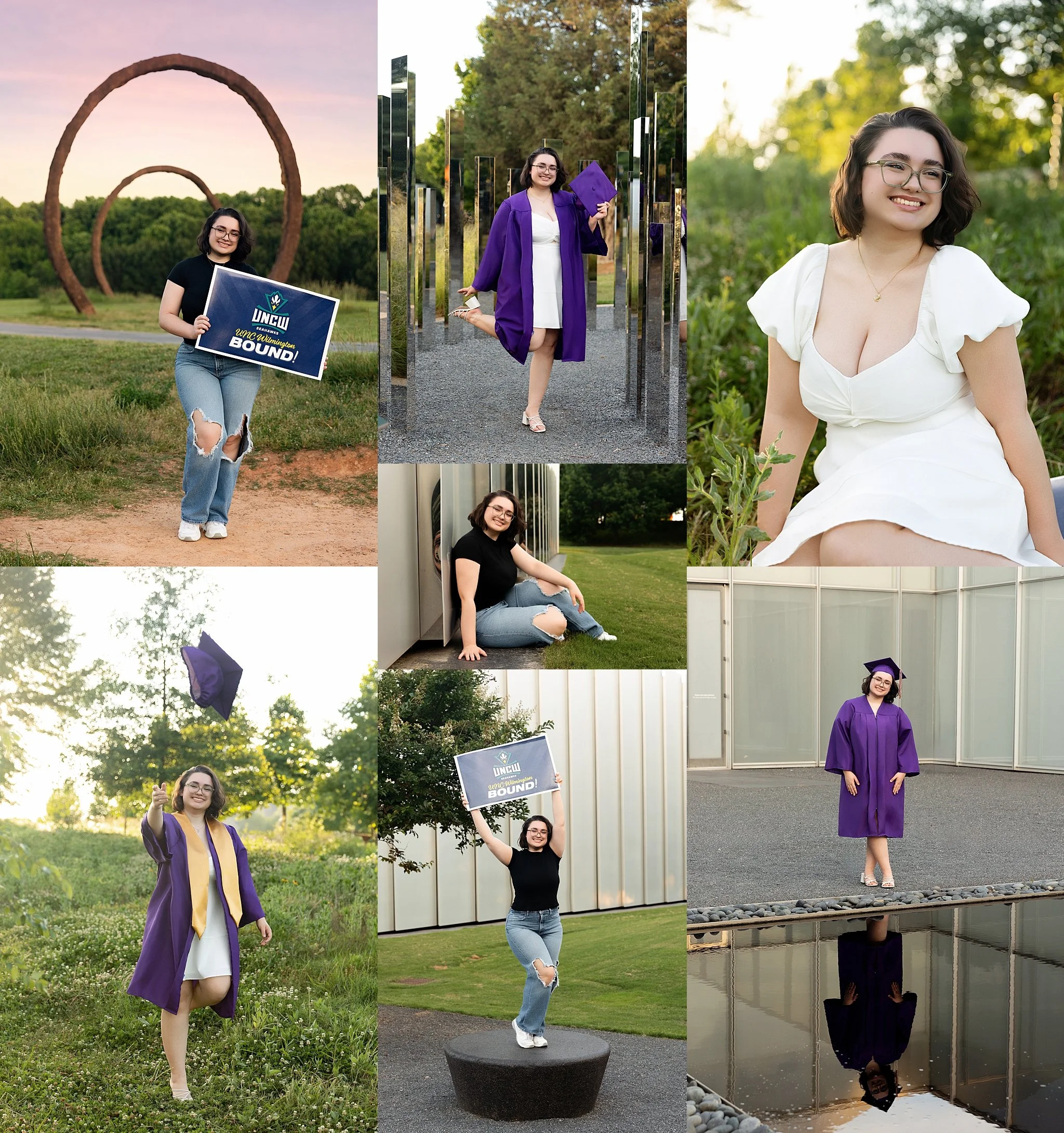 A collage of photos of a young woman with glasses and dark hair, wearing graduation gown and cap in some images. She is seen holding a UNCW sign, wearing a purple graduation gown and holding her cap, smiling outdoors, sitting on a ledge, and inside n