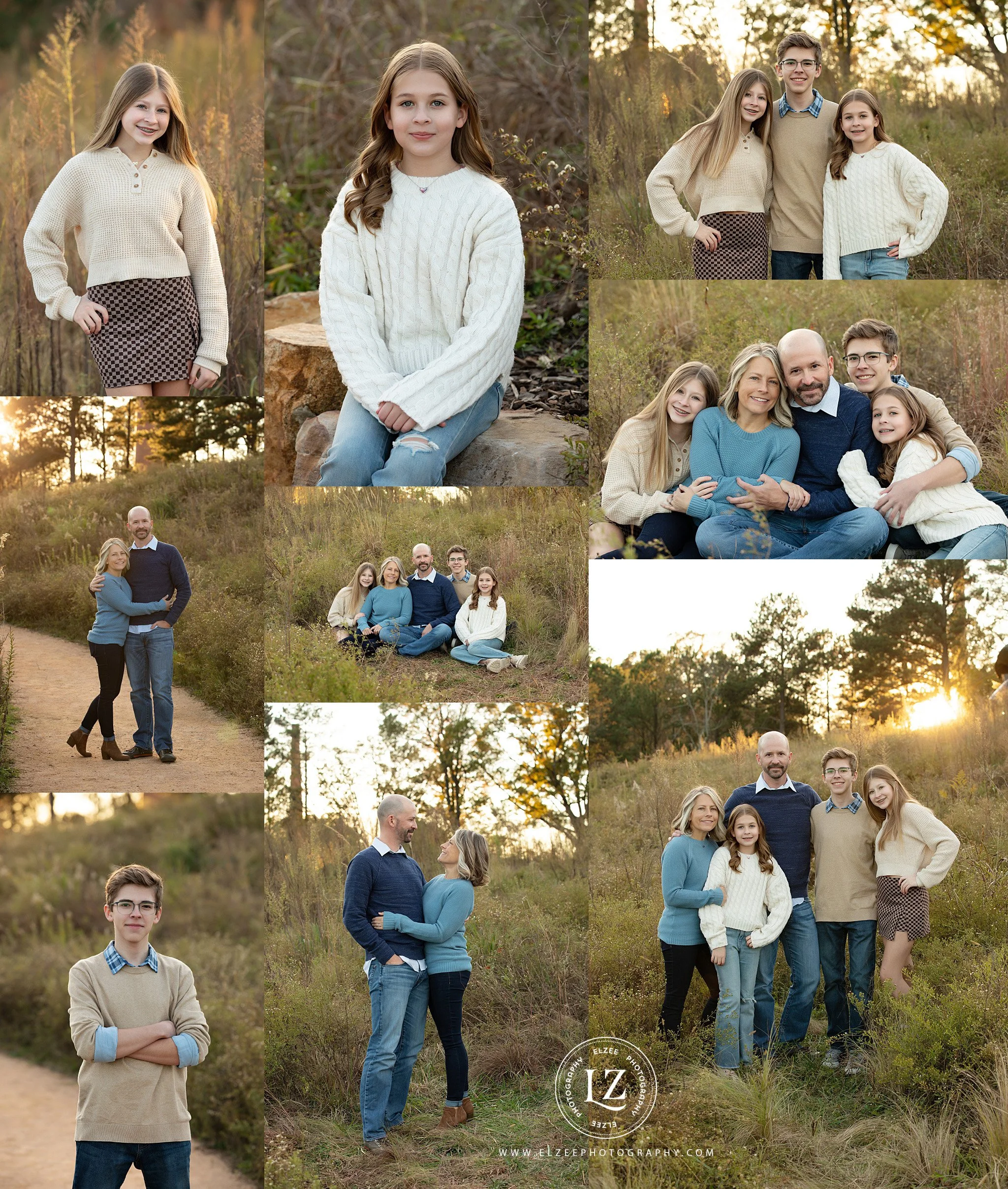 A family photo outdoors during sunset with a wooded background, featuring a man, woman, and three children in casual clothing.