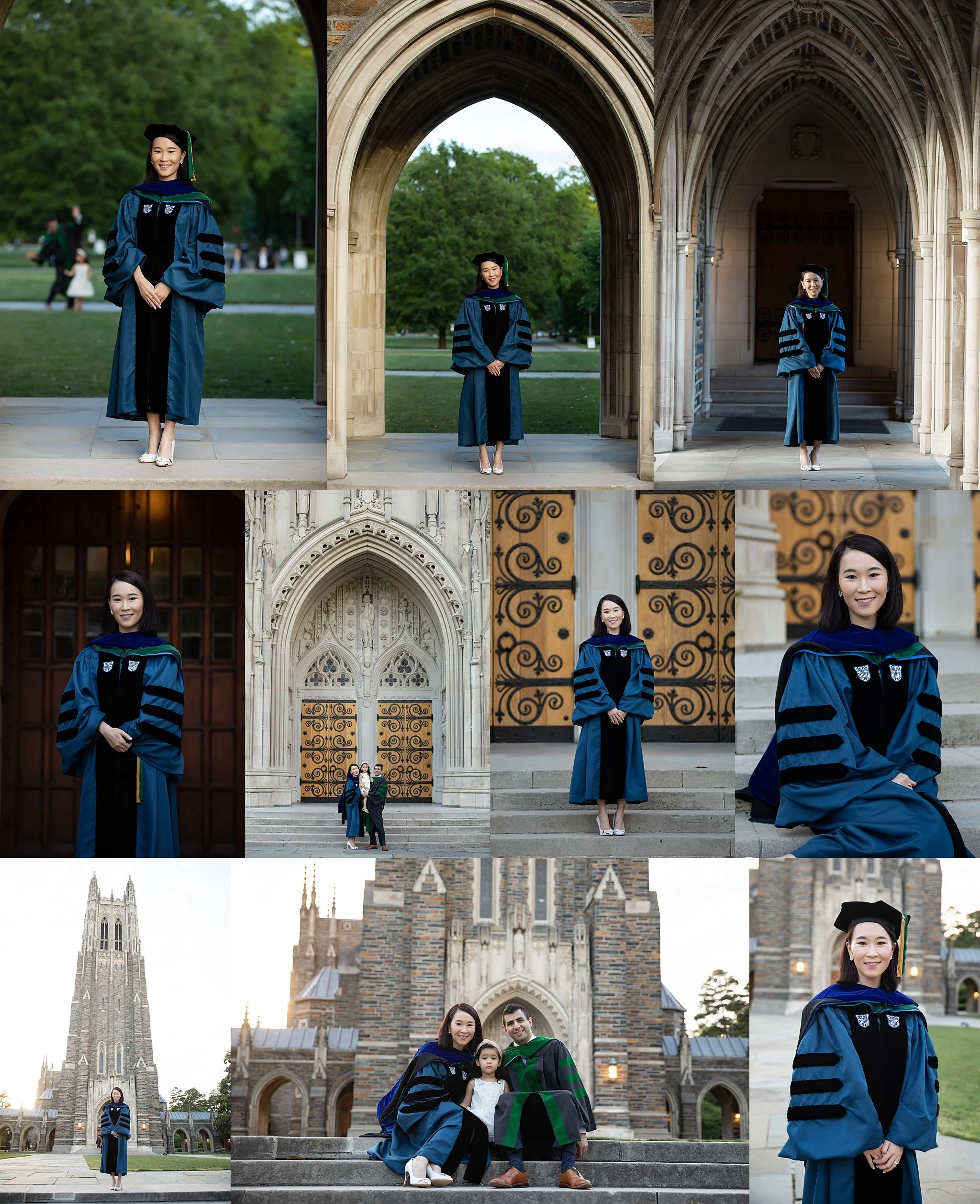 A collage of graduation photos featuring a young woman in a blue academic gown and cap, posing at various historic university landmarks, including a Gothic archway, a large wooden door, and a tower in the background.