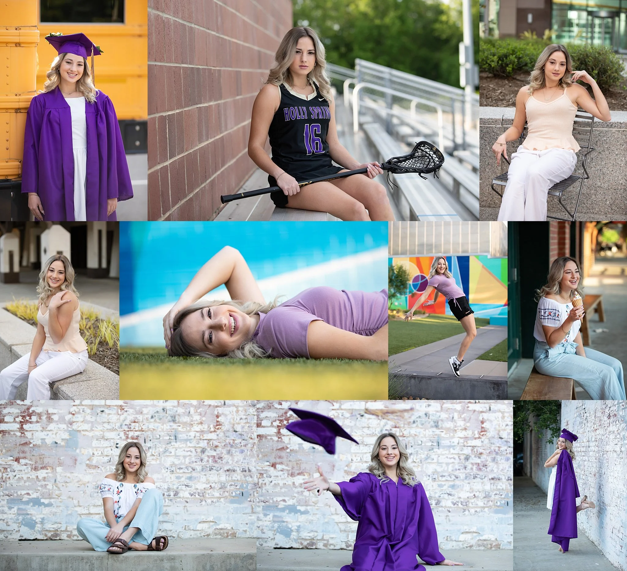 A collage of a young woman with blonde hair in various outfits and poses. She wears a graduation cap and gown in one image, athletic gear with a lacrosse stick in another, casual summer clothing while sitting on a bench, and a flowered blouse sitting