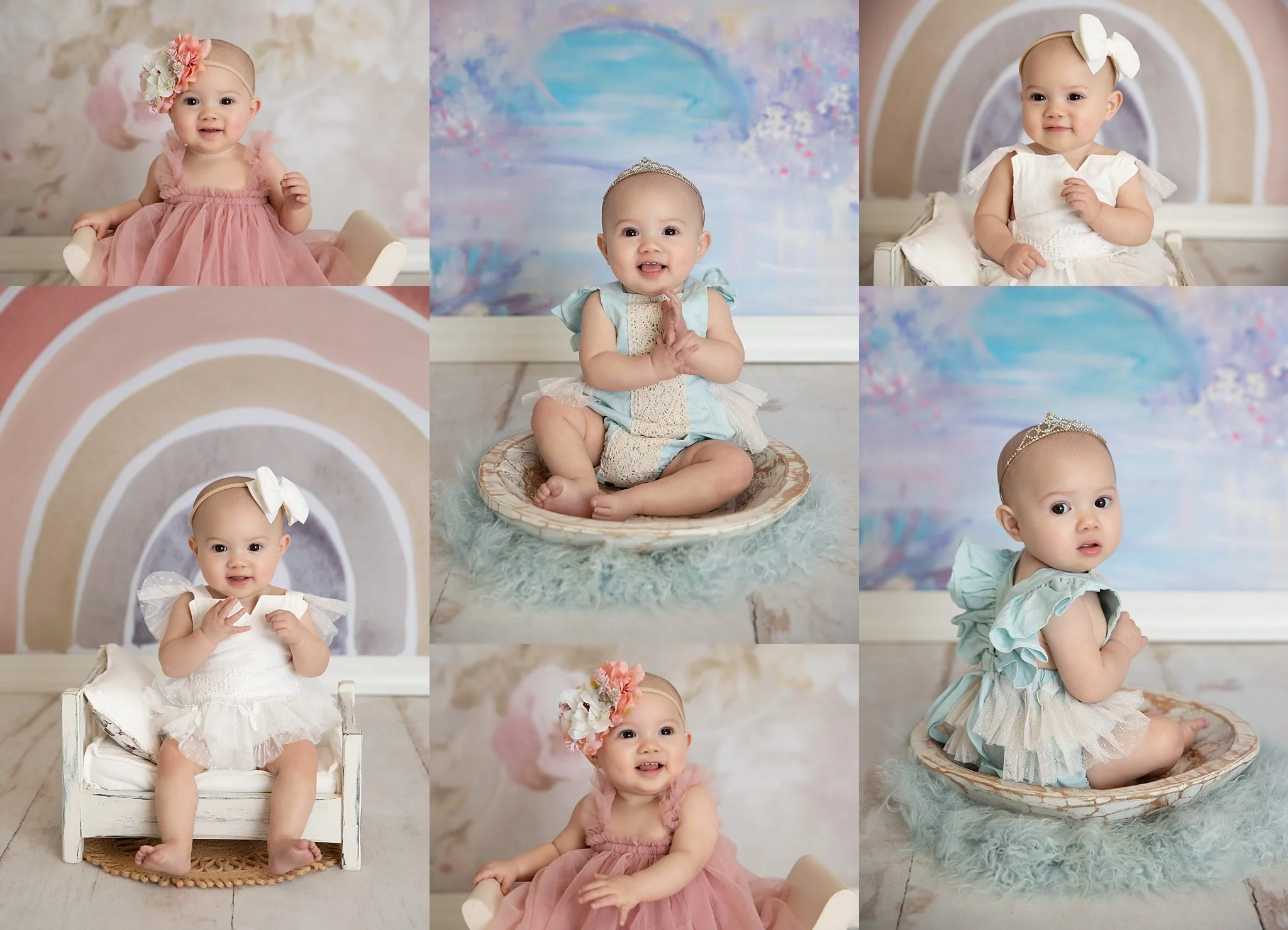Collage of several young children dressed in fancy clothes, some in dresses with floral accessories, posing in front of colorful, artistic backgrounds.