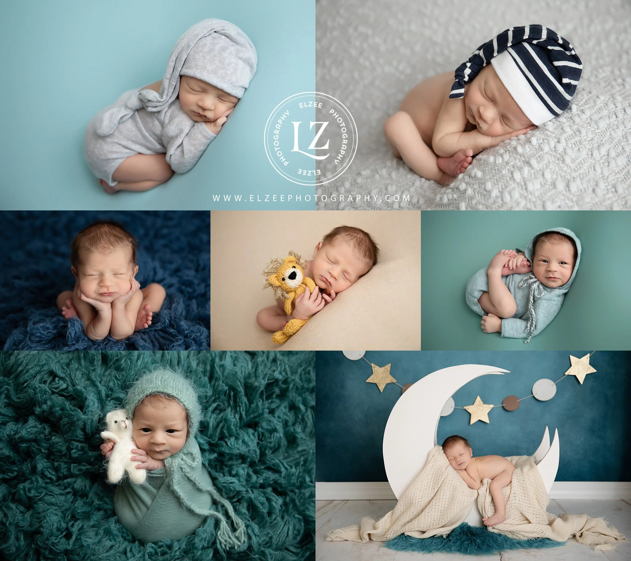 Collage of five sleeping babies in various poses and outfits, with a decorative moon and star backdrop