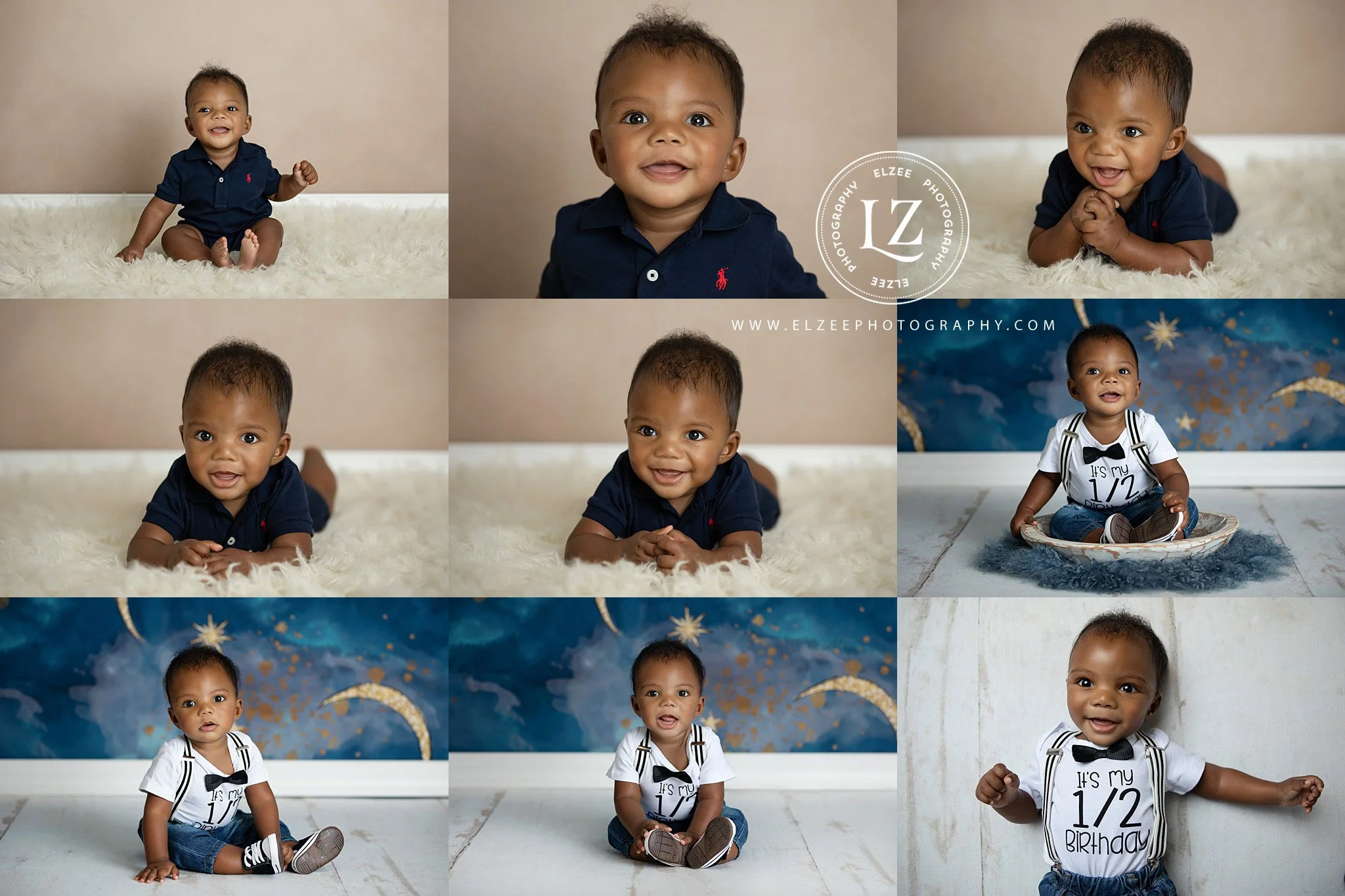 A collage of six photos of a young boy with short dark hair and brown skin, wearing various outfits, celebrating his first birthday. The top row features him sitting on a fluffy cream-colored rug, smiling and lying down; the middle row shows him on t
