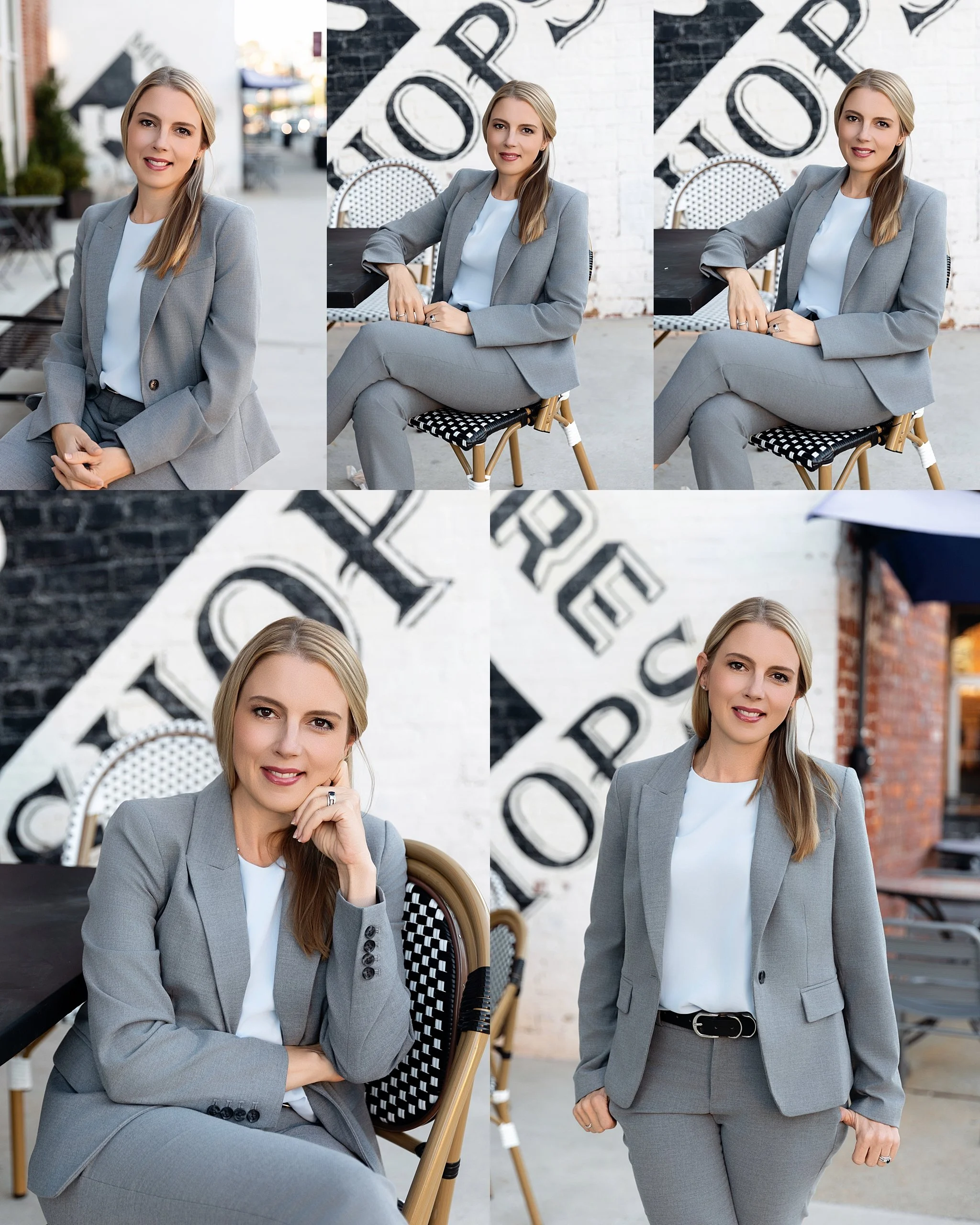 A woman with blonde hair wearing a light gray business suit, white blouse, and black belt, posing in various outdoor settings. In some images she is seated with arms crossed or resting on her lap, and in others she is standing, smiling and looking co