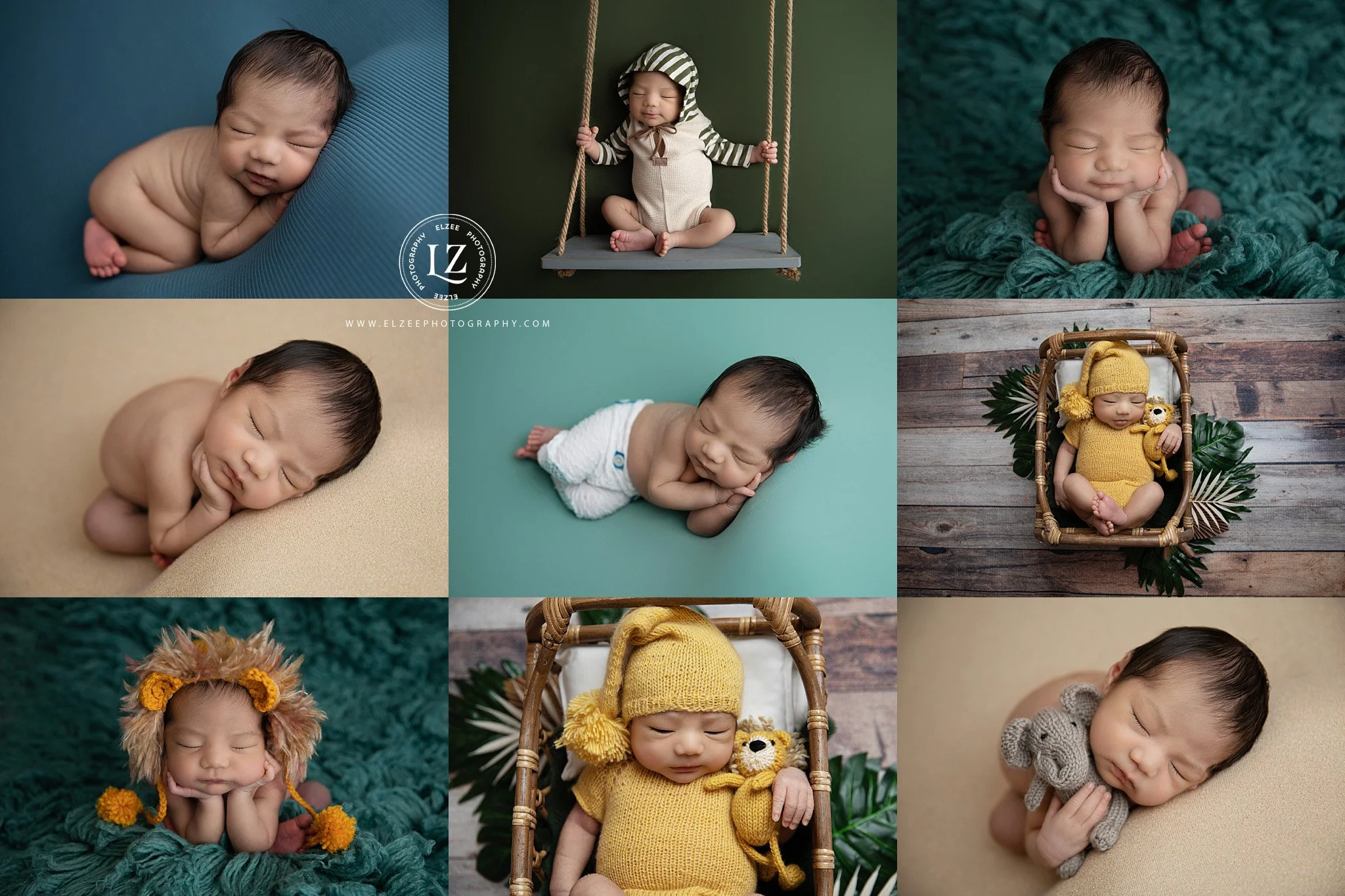 Collage of six photos of a sleeping baby in various poses and outfits, including a baby with lion costume, yellow knit hat, and grey knit sweater, with backgrounds of different textures and colors.